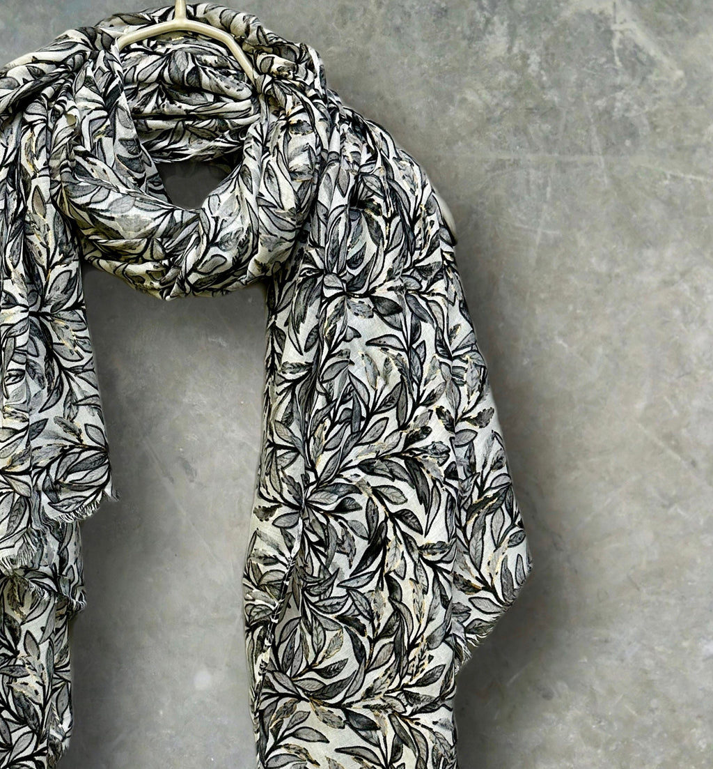 Chic Sketched Leaves Black Scarf with Gold Flakes.