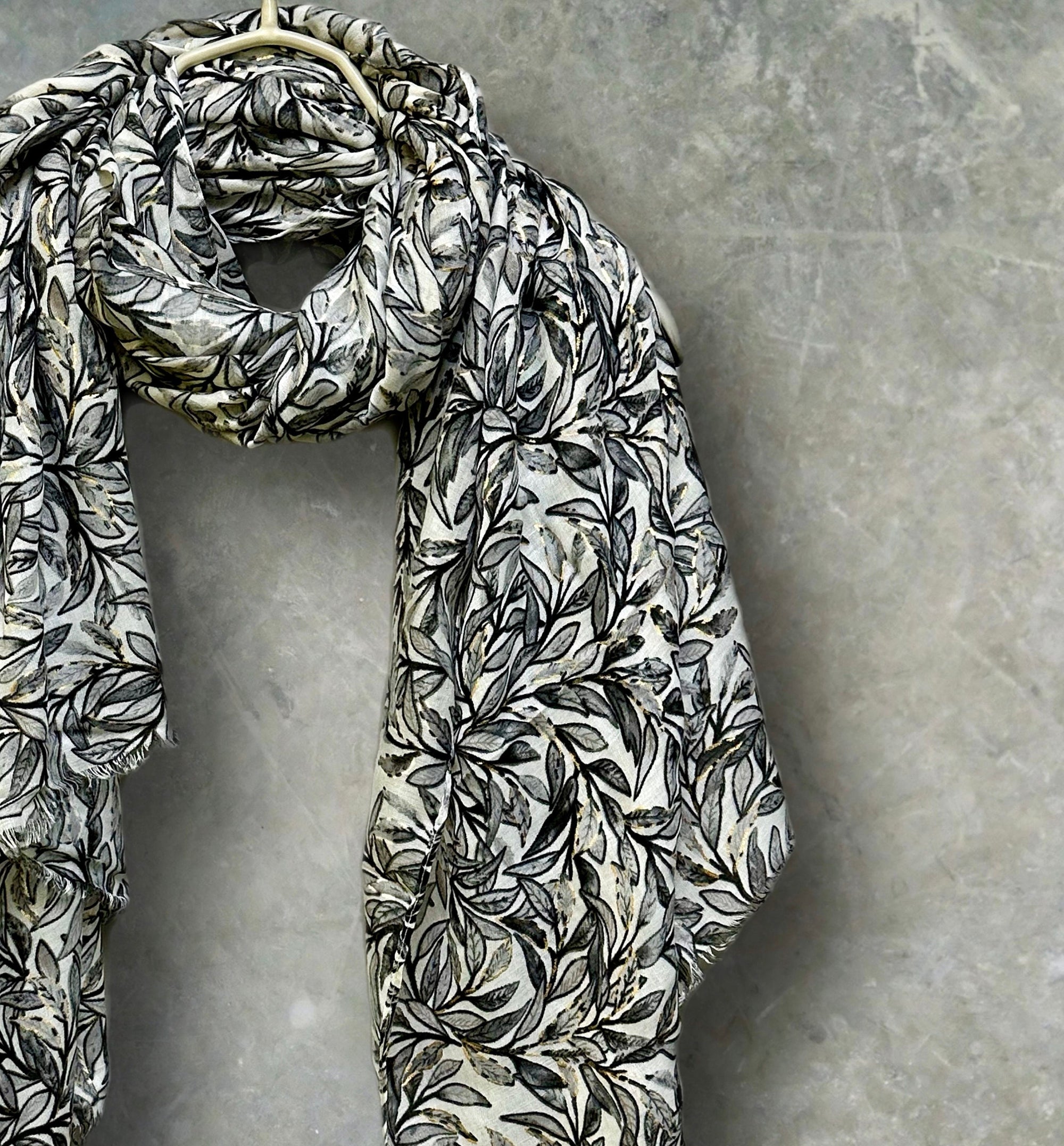 Chic Sketched Leaves Black Scarf with Gold Flakes.