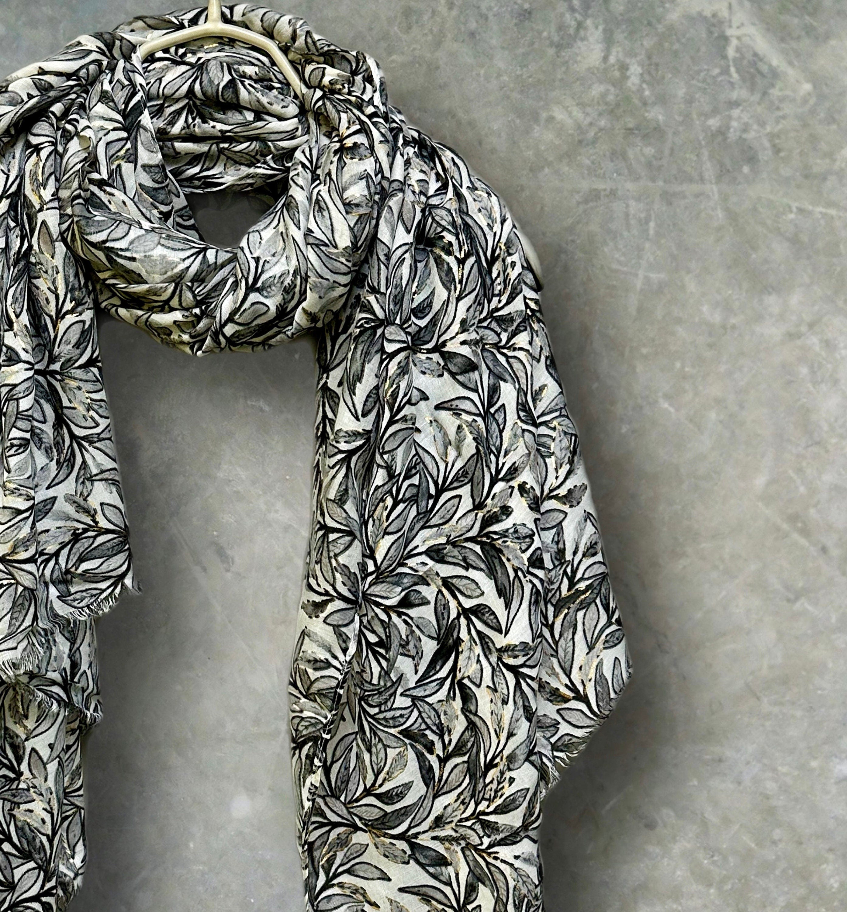 Chic Sketched Leaves Black Scarf with Gold Flakes.