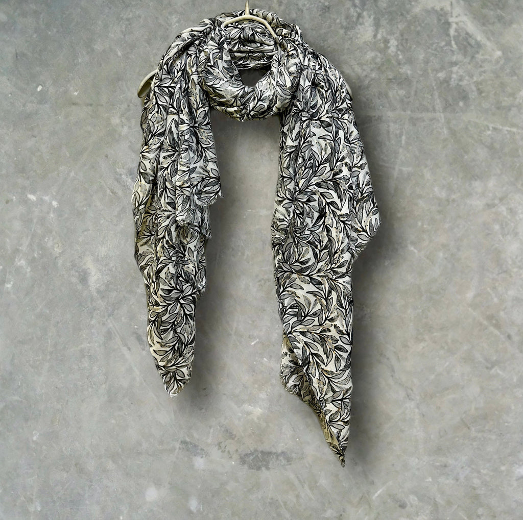 Chic Sketched Leaves Black Scarf with Gold Flakes.