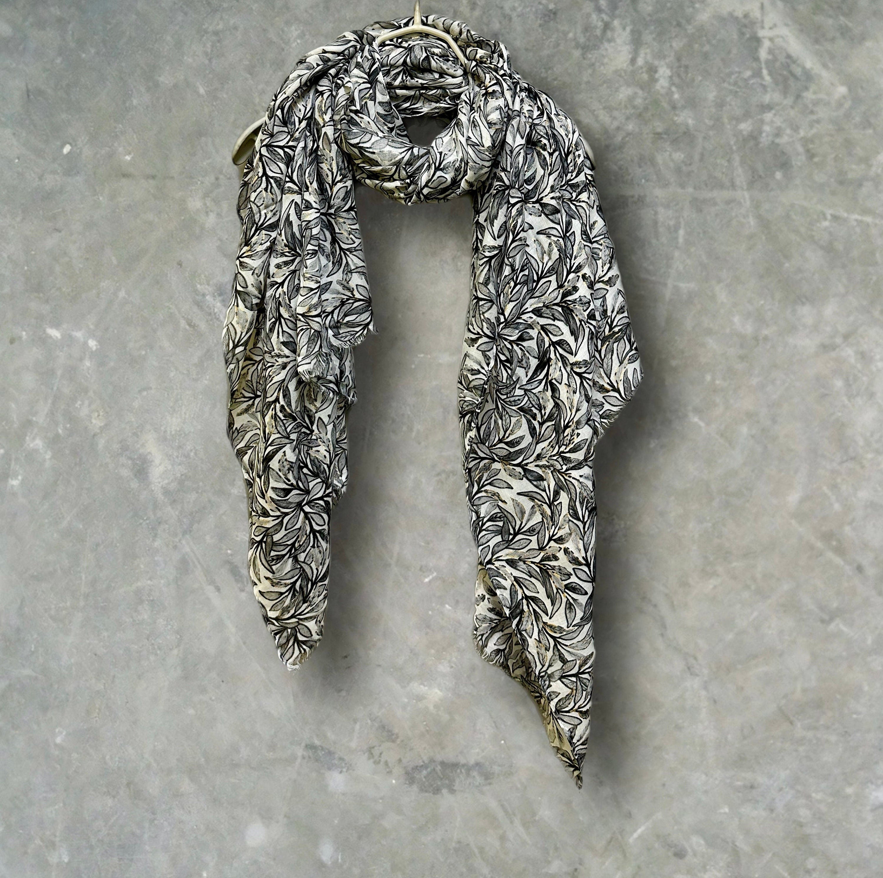 Chic Sketched Leaves Black Scarf with Gold Flakes.