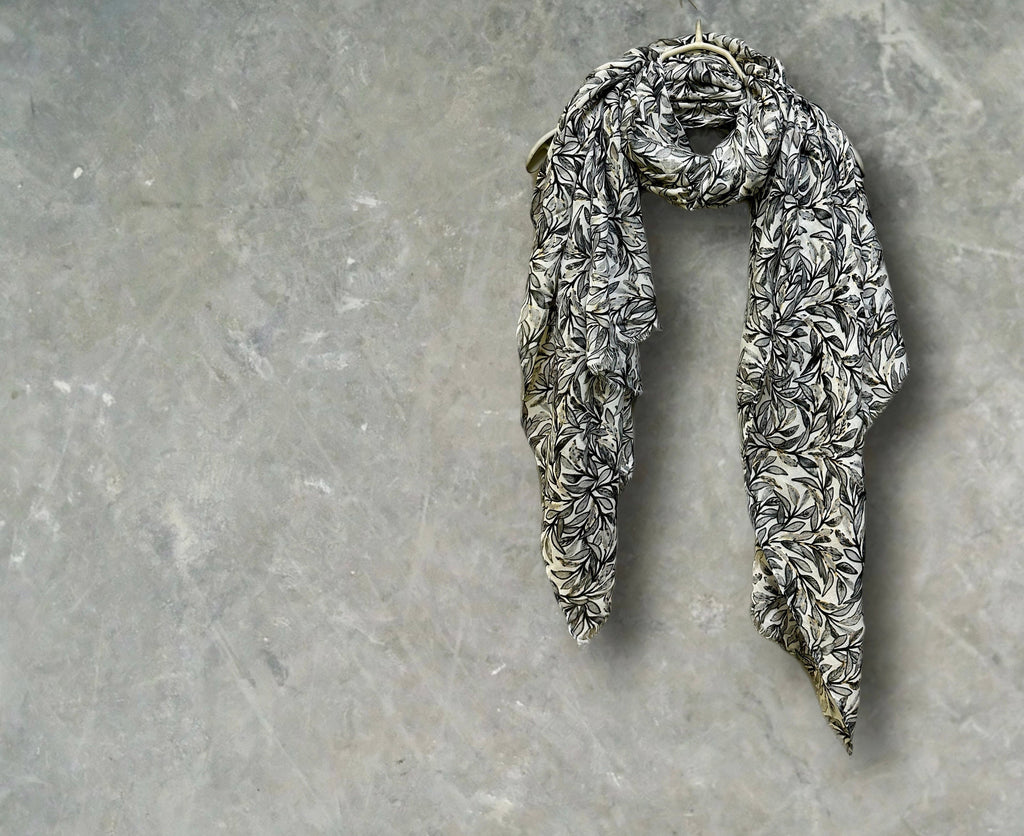 Chic Sketched Leaves Black Scarf with Gold Flakes.