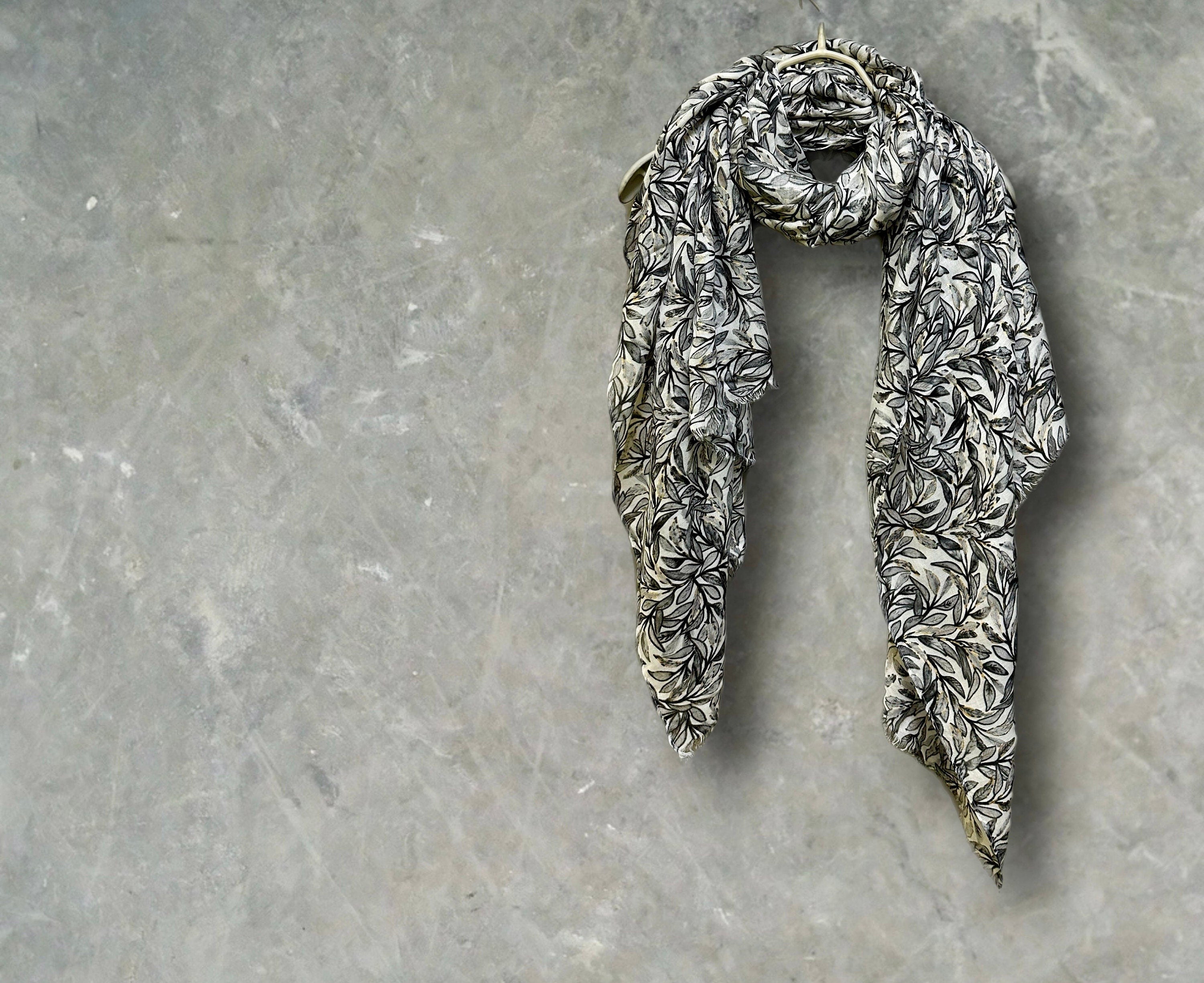 Chic Sketched Leaves Black Scarf with Gold Flakes.