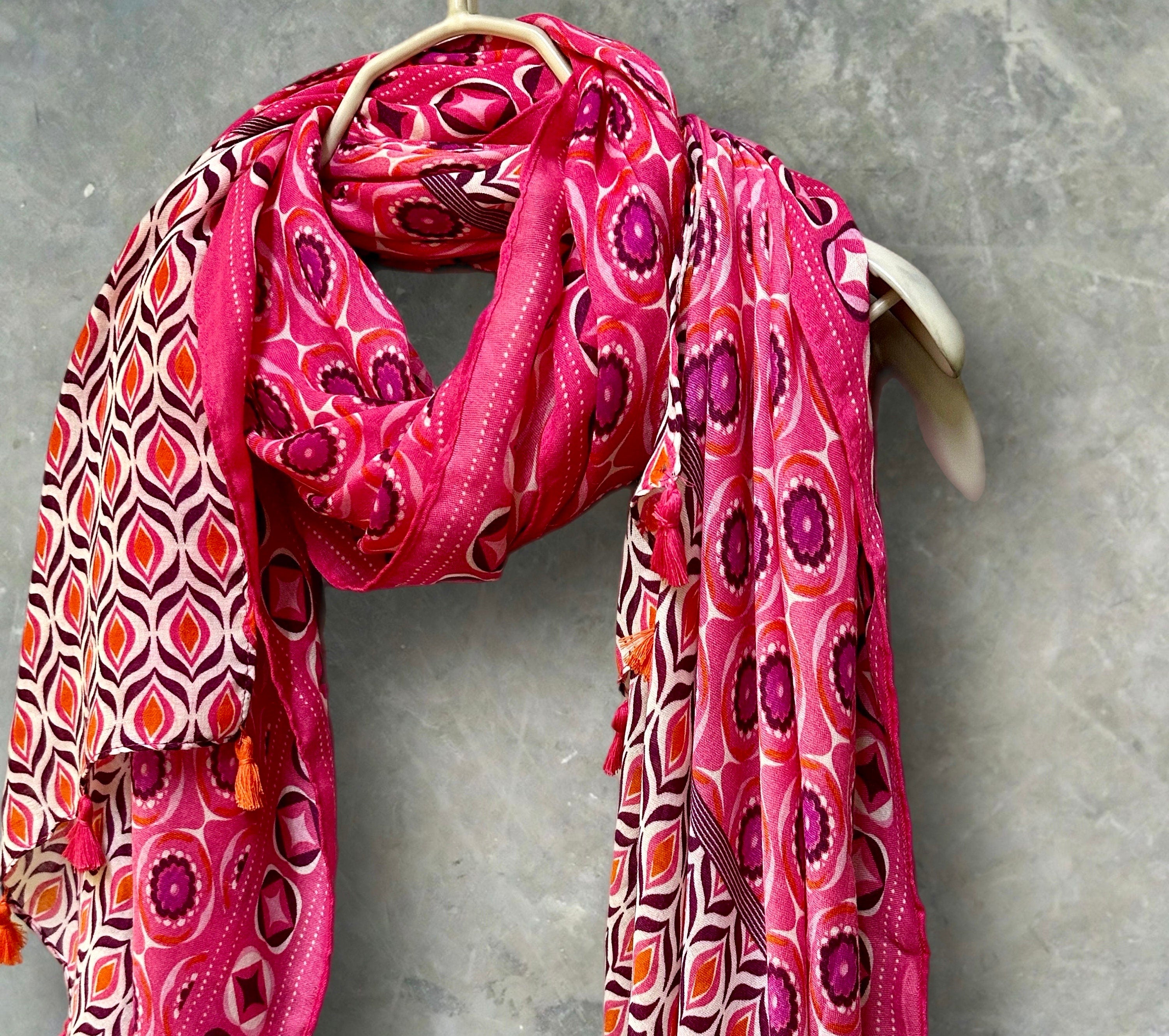 Pink Moroccan-Inspired Geometric Pattern Scarf with Tassels