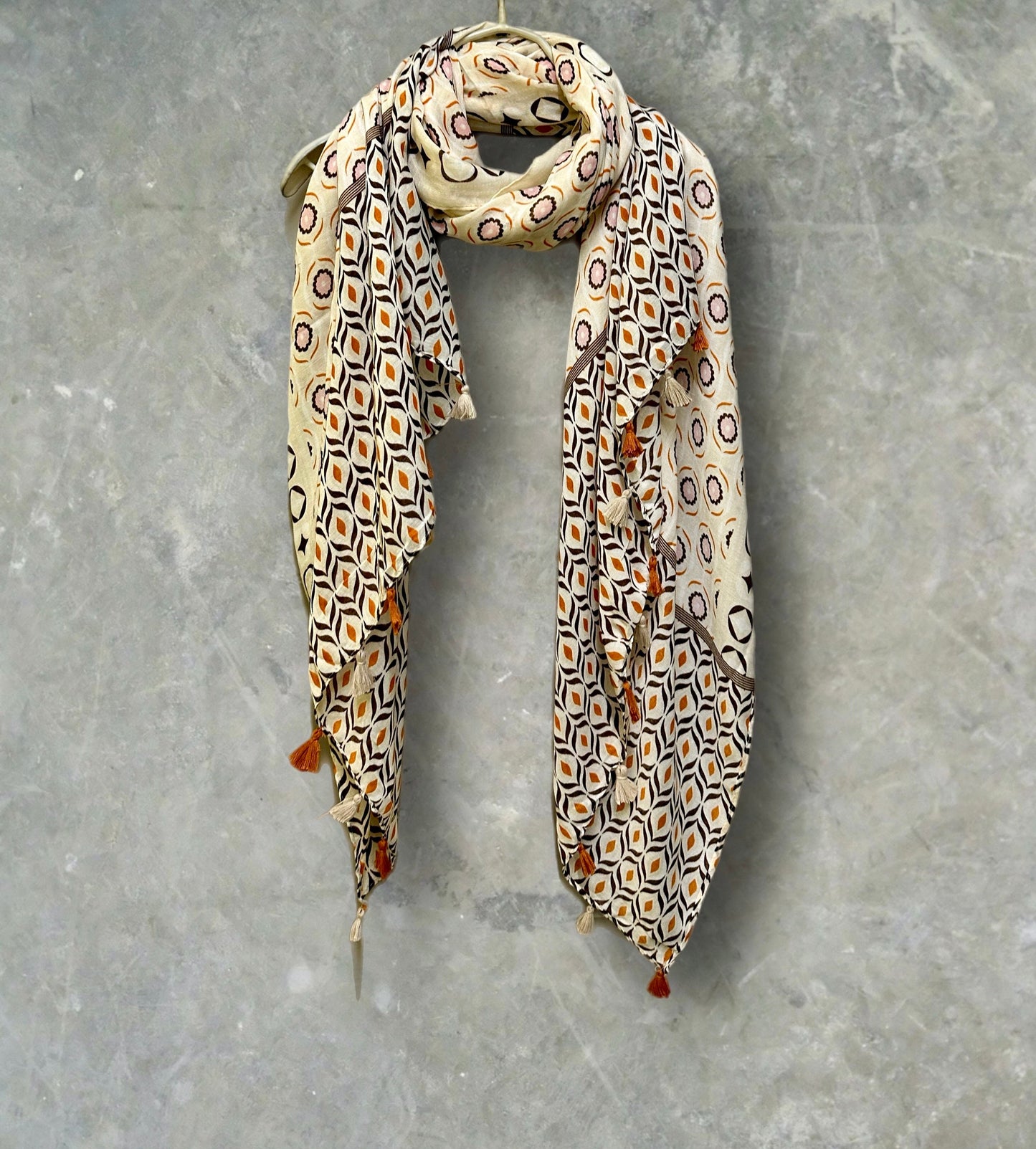 Beige Moroccan-Inspired Geometric Pattern Scarf with Tassels,Great Gifts for Her,Mom,Birthday and Christmas.For All Season