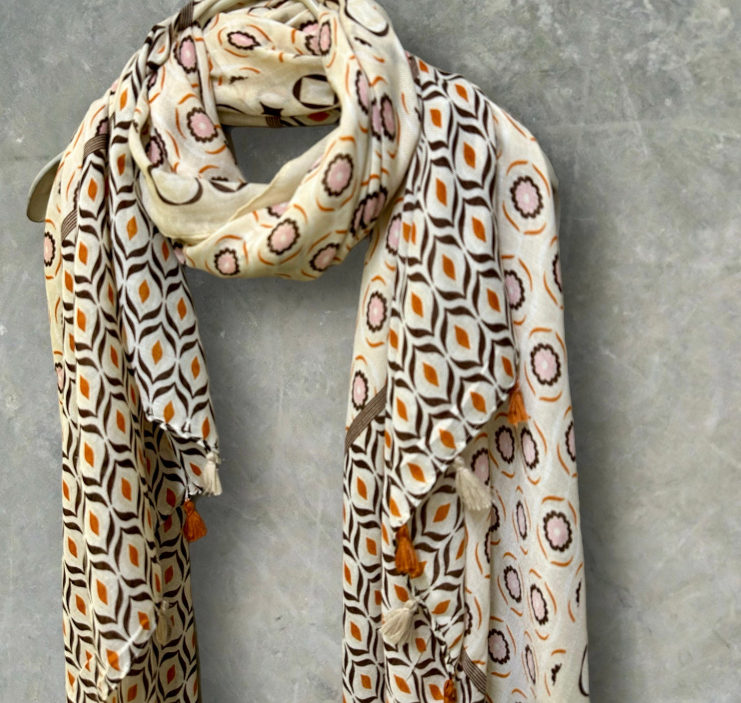 Beige Moroccan-Inspired Geometric Pattern Scarf with Tassels,Great Gifts for Her,Mom,Birthday and Christmas.For All Season