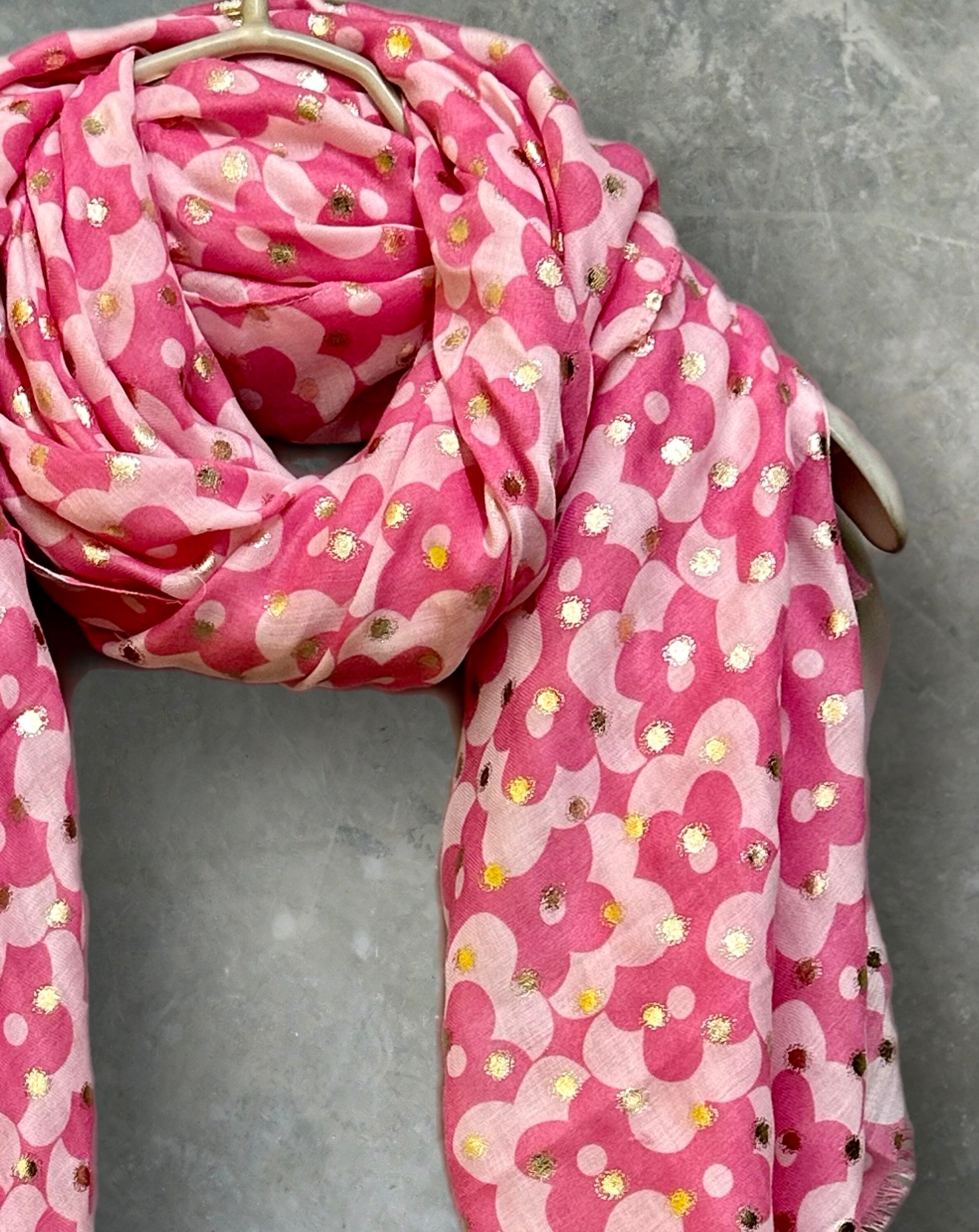 Chic Pink Retro Floral Cotton Scarf with Gold Accents