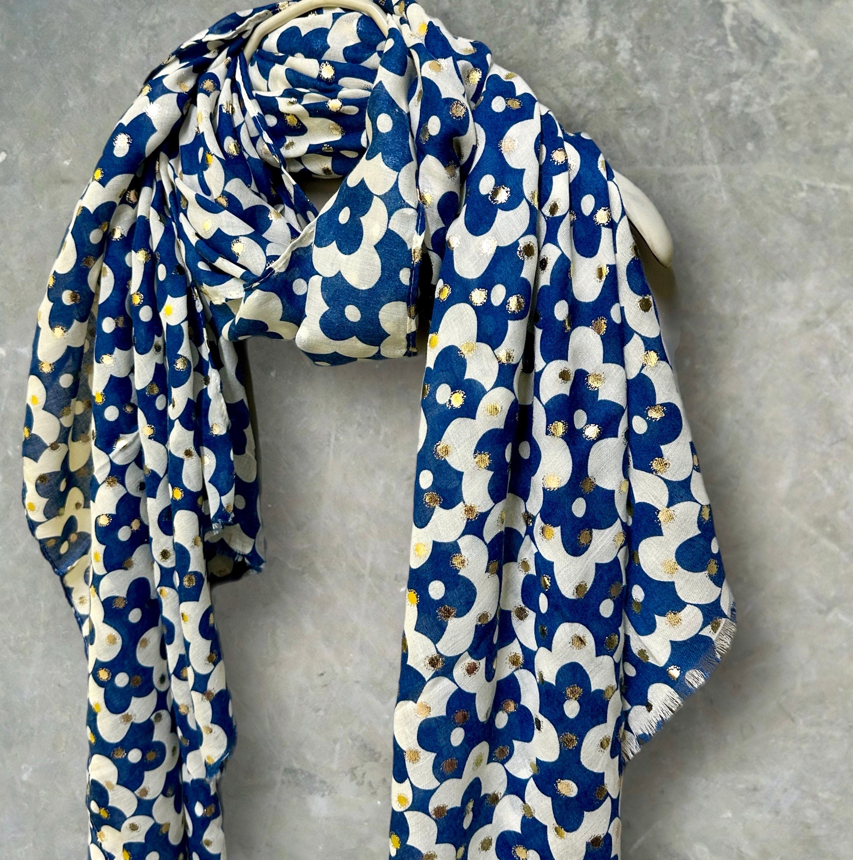 Chic Navy Blue Retro Floral Cotton Scarf with Gold Accents