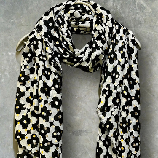 Chic Black/White Retro Floral Cotton Scarf with Gold Accents,Perfect All-Season Gift for Her,Birthday,Christmas and Mother's Day