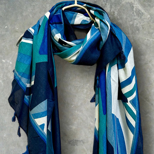 Chic Blue Geometric Pattern Cotton Scarf with Tassels for Women,Ideal for All Seasons,Perfect Gifts for Her,Mother,Birthday and Christmas.
