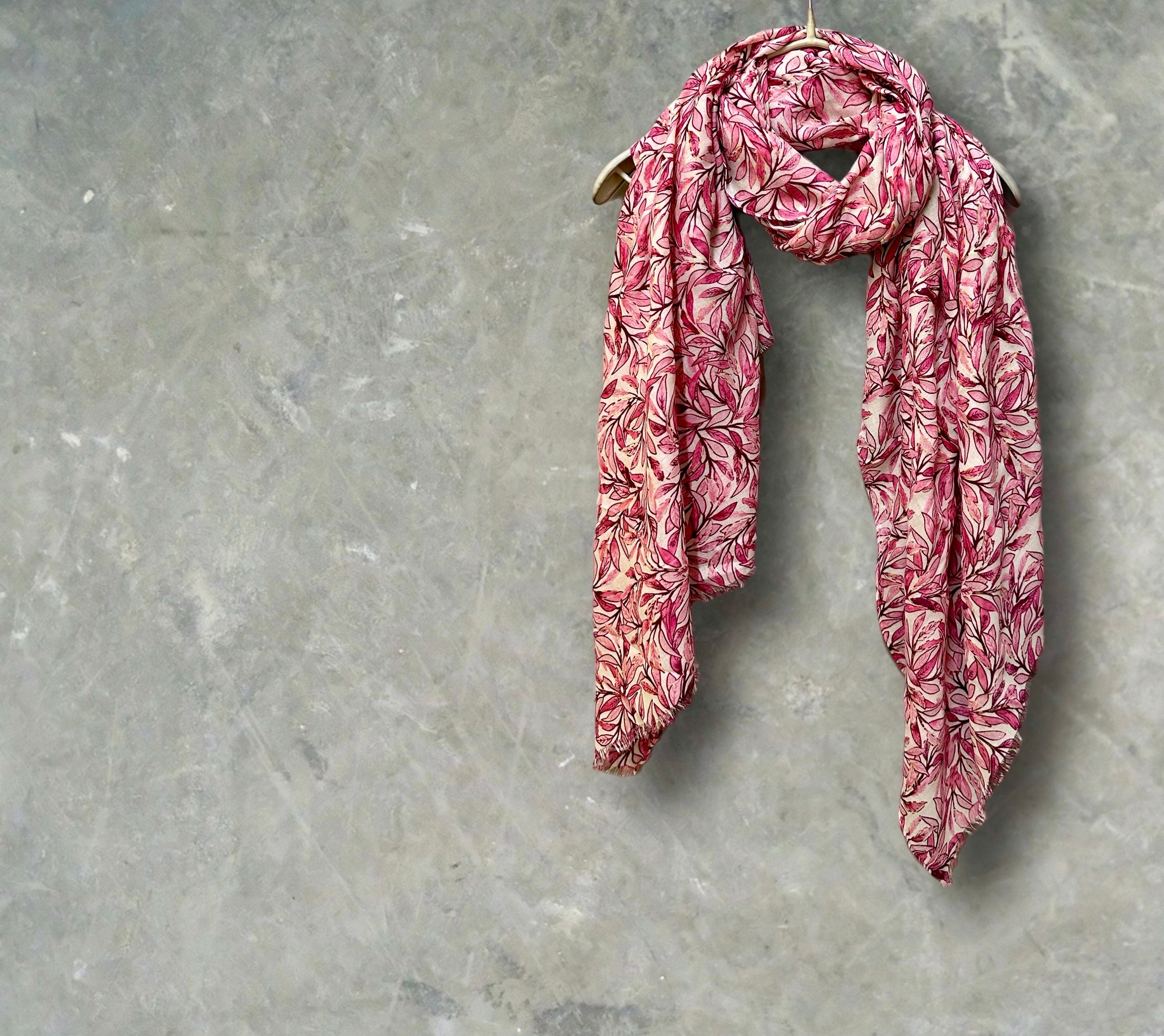 Chic Sketched Leaves Pink Scarf with Gold Flakes.