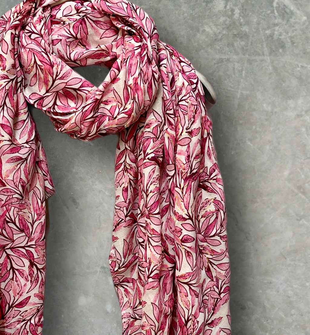 Chic Sketched Leaves Pink Scarf with Gold Flakes.