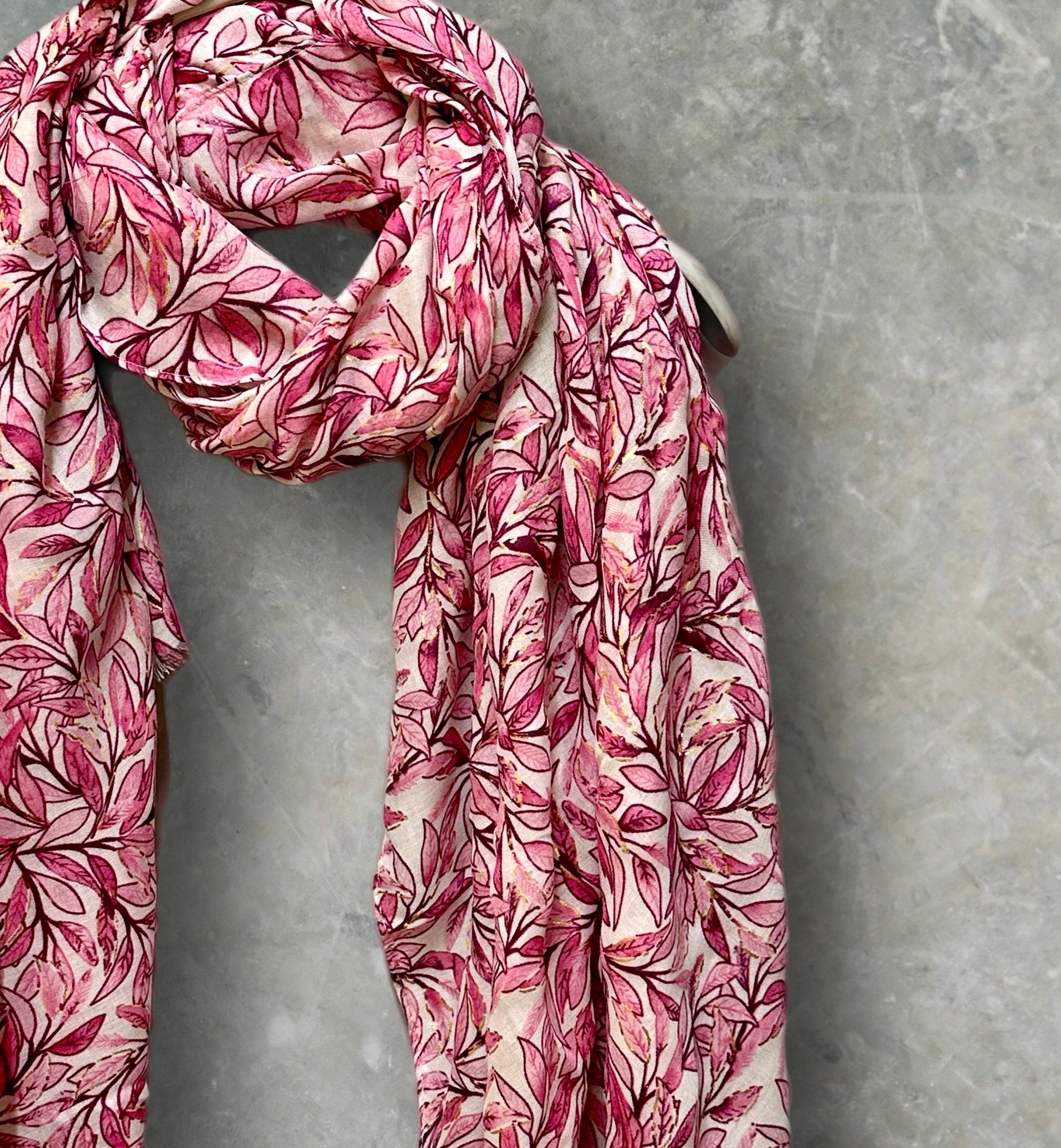 Chic Sketched Leaves Pink Scarf with Gold Flakes.