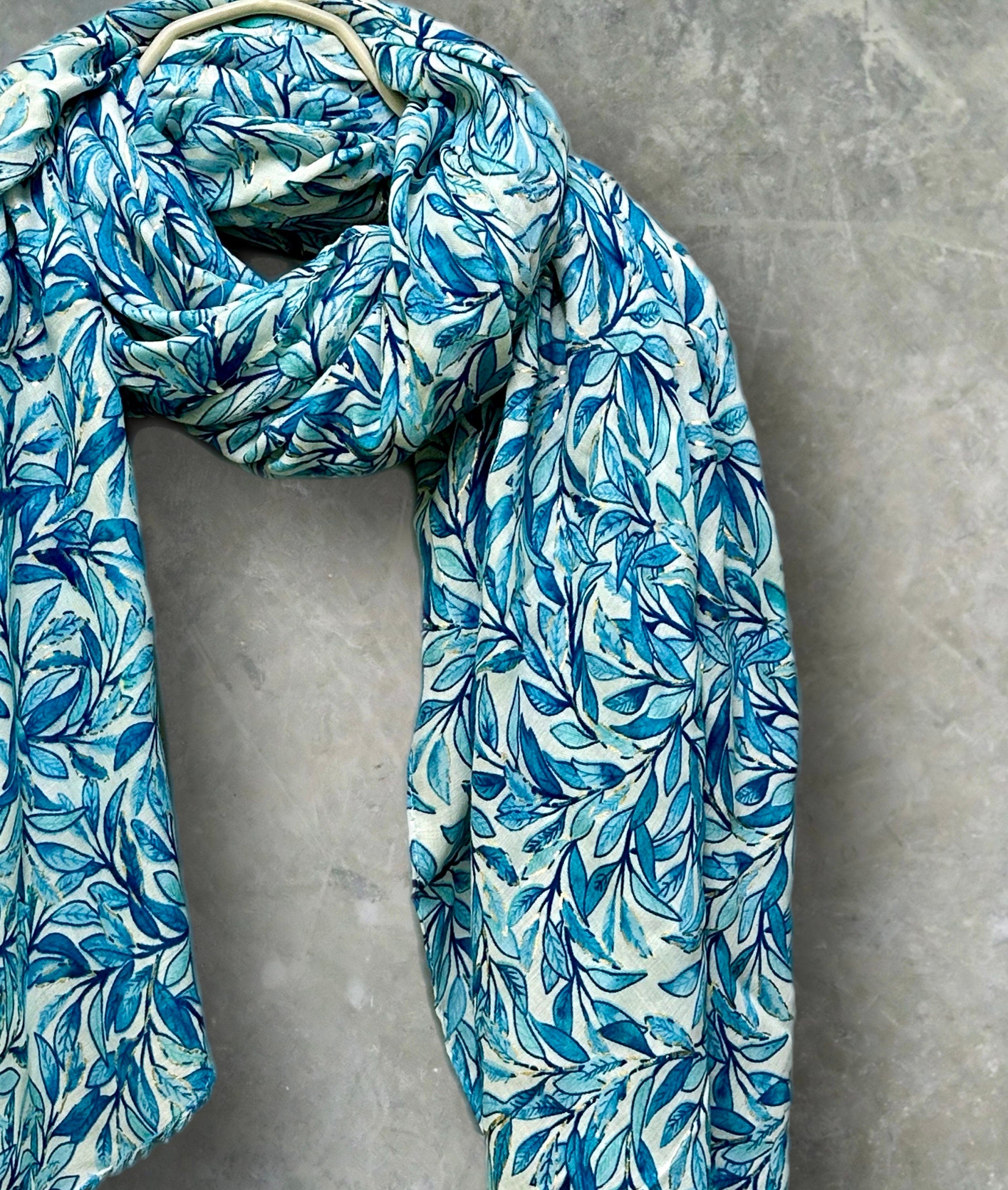 Chic Sketched Leaves Blue Scarf with Gold Flakes