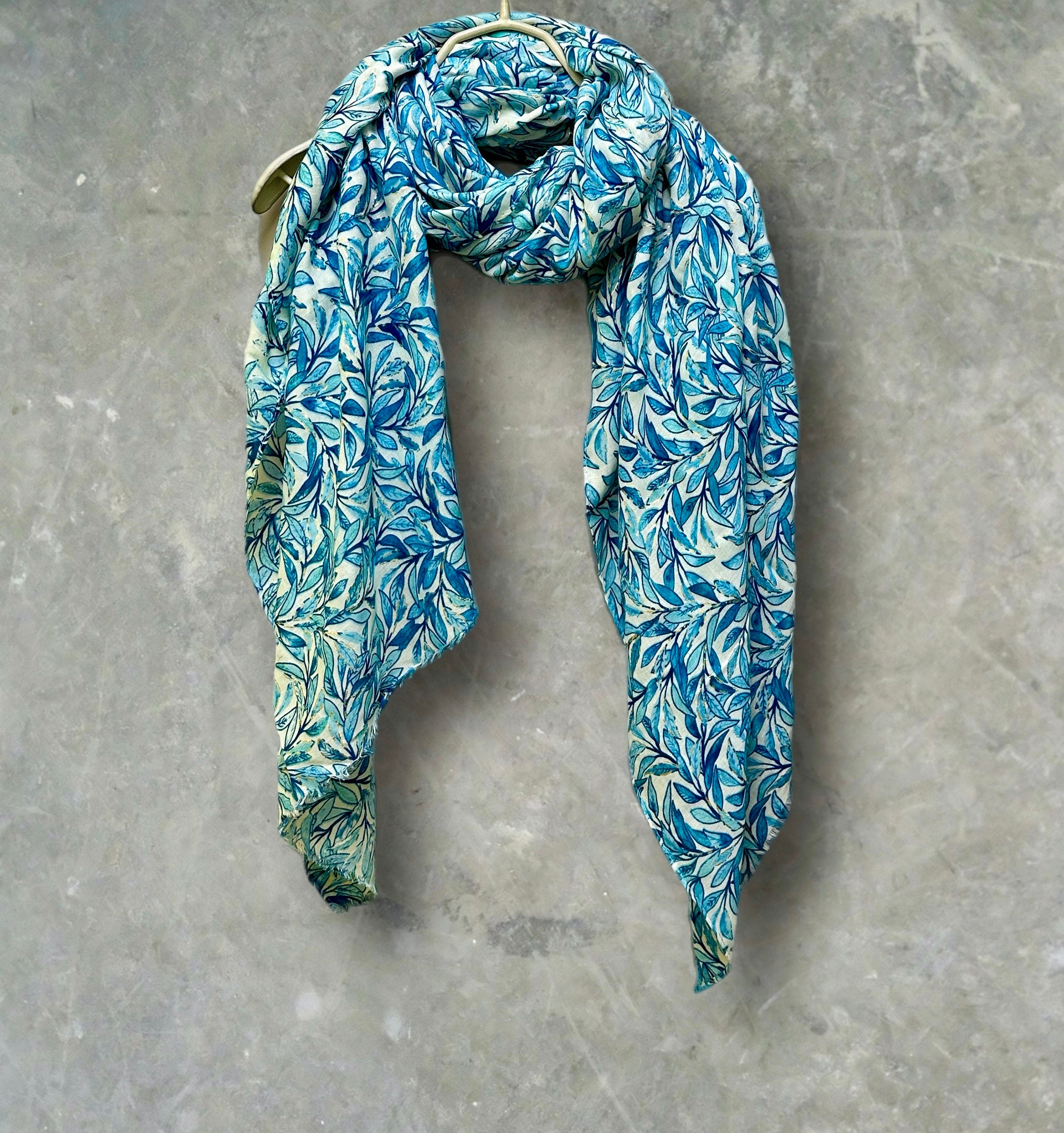 Chic Sketched Leaves Blue Scarf with Gold Flakes