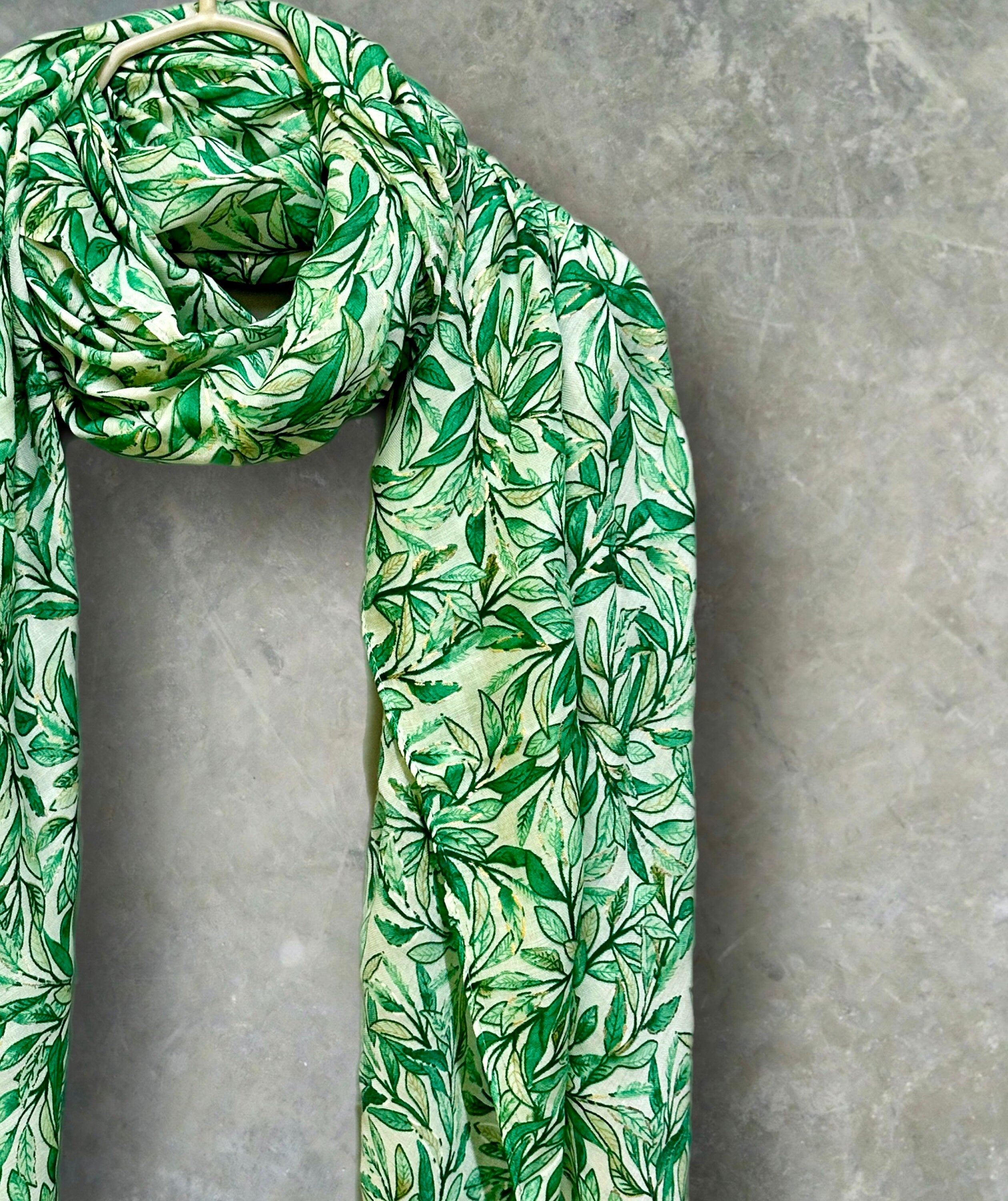 Chic Sketched Leaves Green Scarf with Gold Flakes.