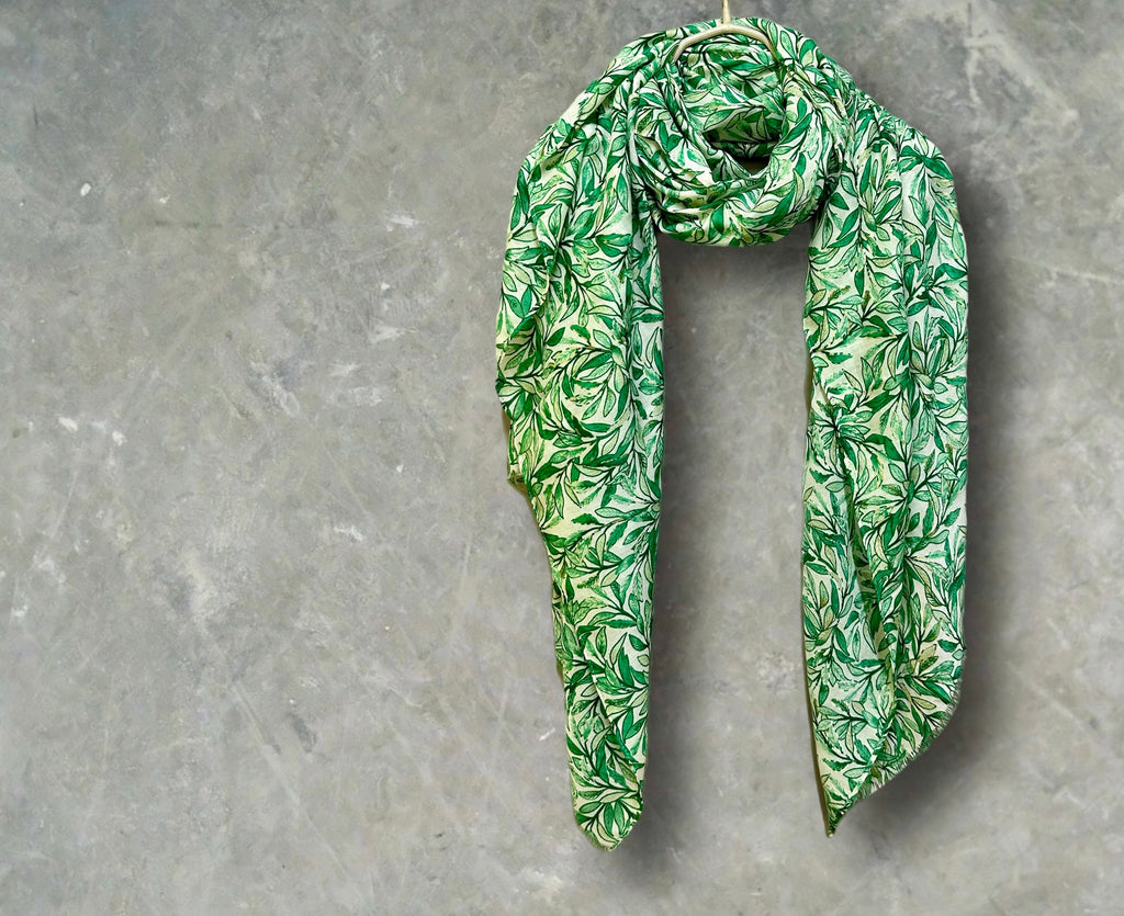 Chic Sketched Leaves Green Scarf with Gold Flakes.