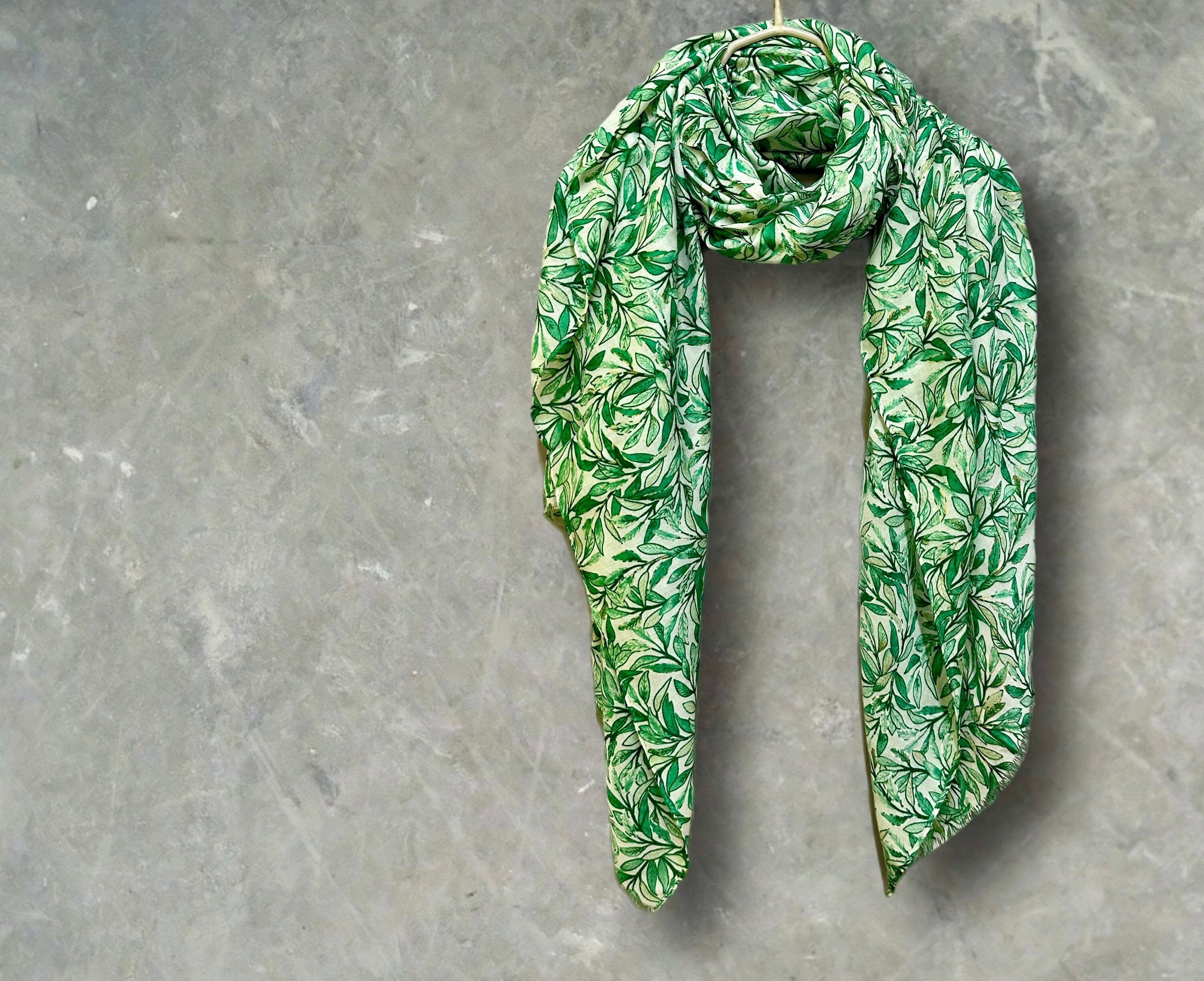 Chic Sketched Leaves Green Scarf with Gold Flakes.