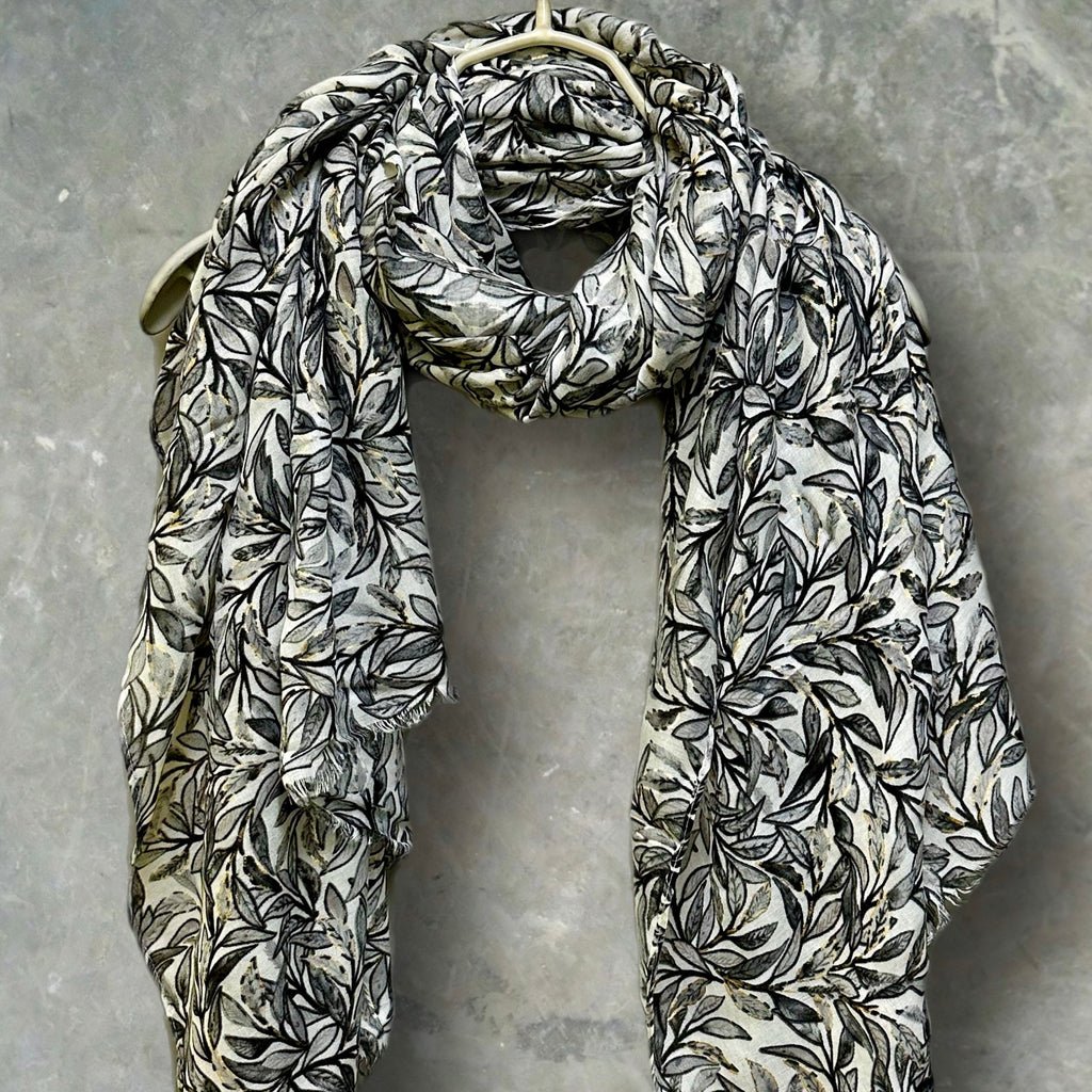 Chic Sketched Leaves Black Scarf with Gold Flakes.