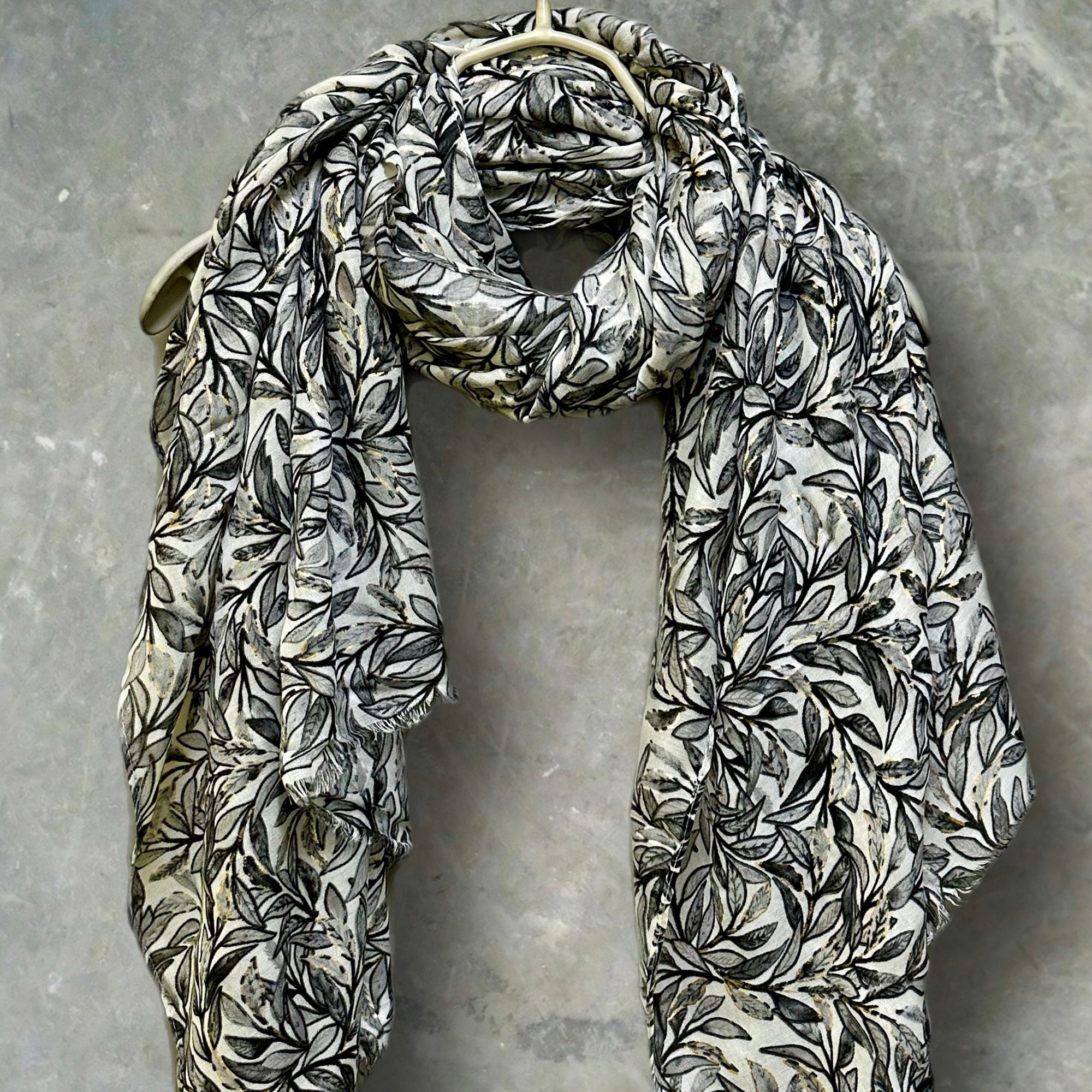 Chic Sketched Leaves Black Scarf with Gold Flakes.