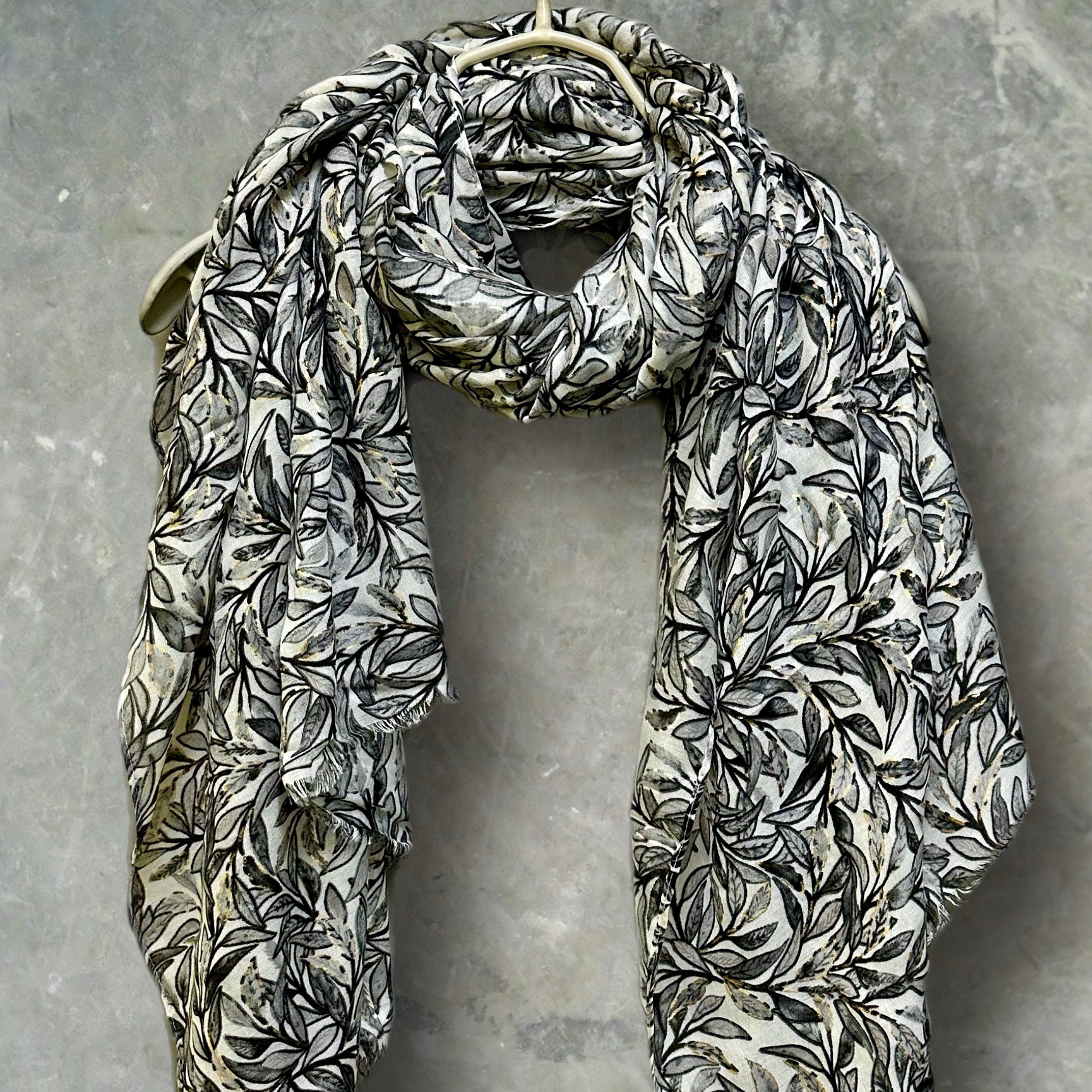 Chic Sketched Leaves Black Scarf with Gold Flakes.