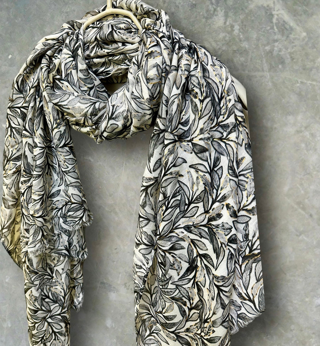 Chic Sketched Leaves Black Scarf with Gold Flakes.