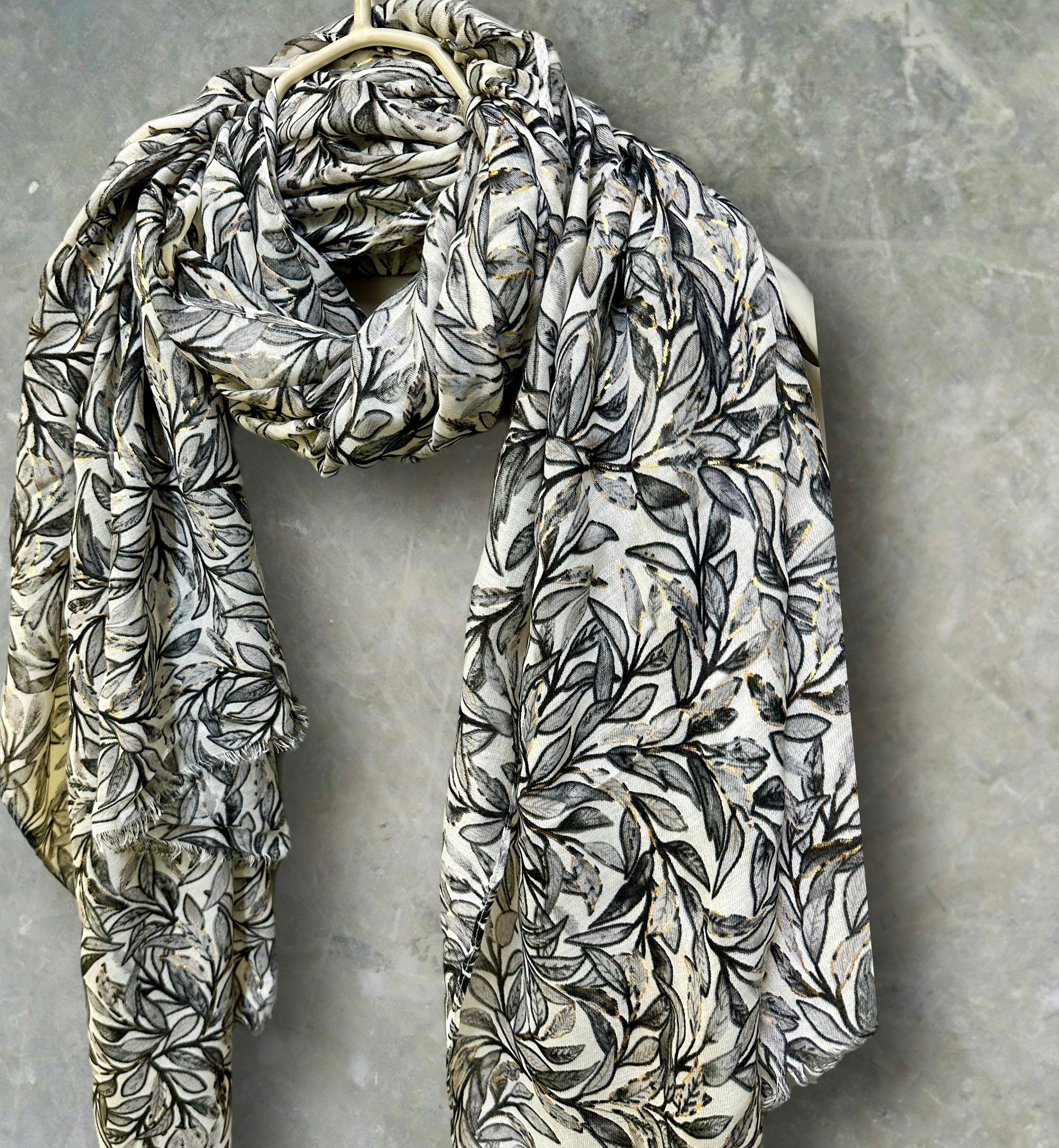 Chic Sketched Leaves Black Scarf with Gold Flakes.