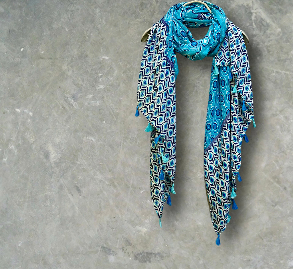Blue Moroccan-Inspired Geometric Pattern Scarf with Tassels