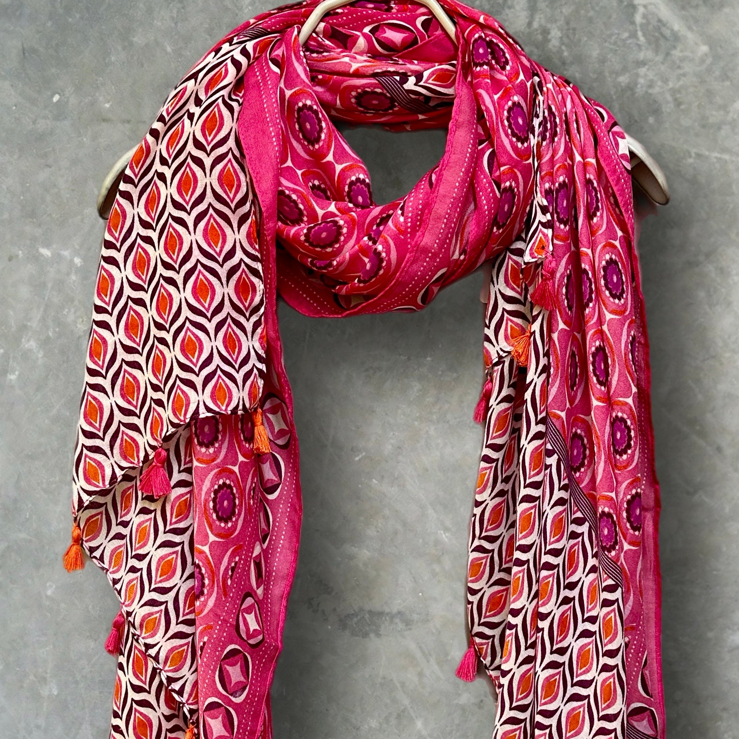 Pink Moroccan-Inspired Geometric Pattern Scarf with Tassels