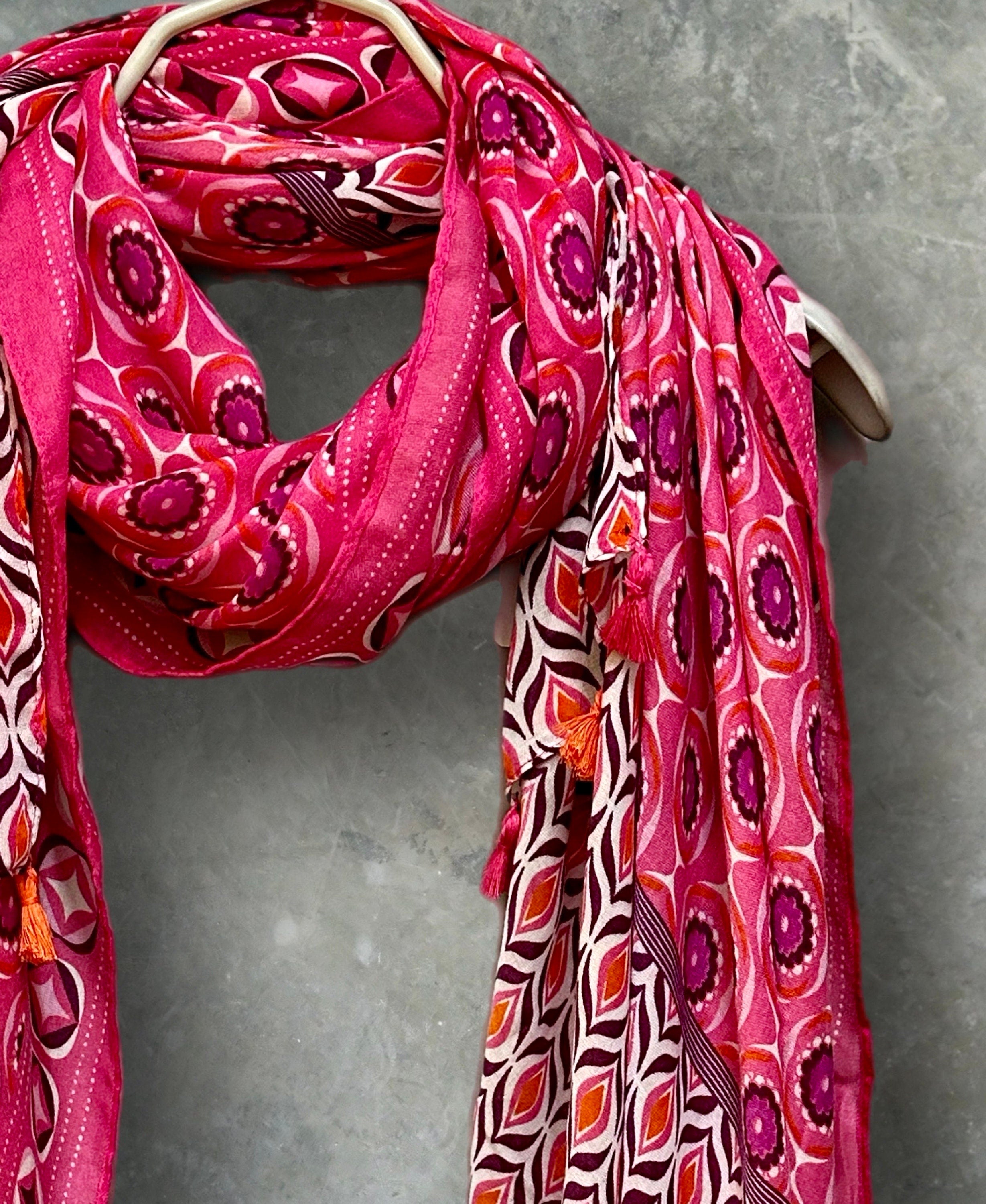 Pink Moroccan-Inspired Geometric Pattern Scarf with Tassels