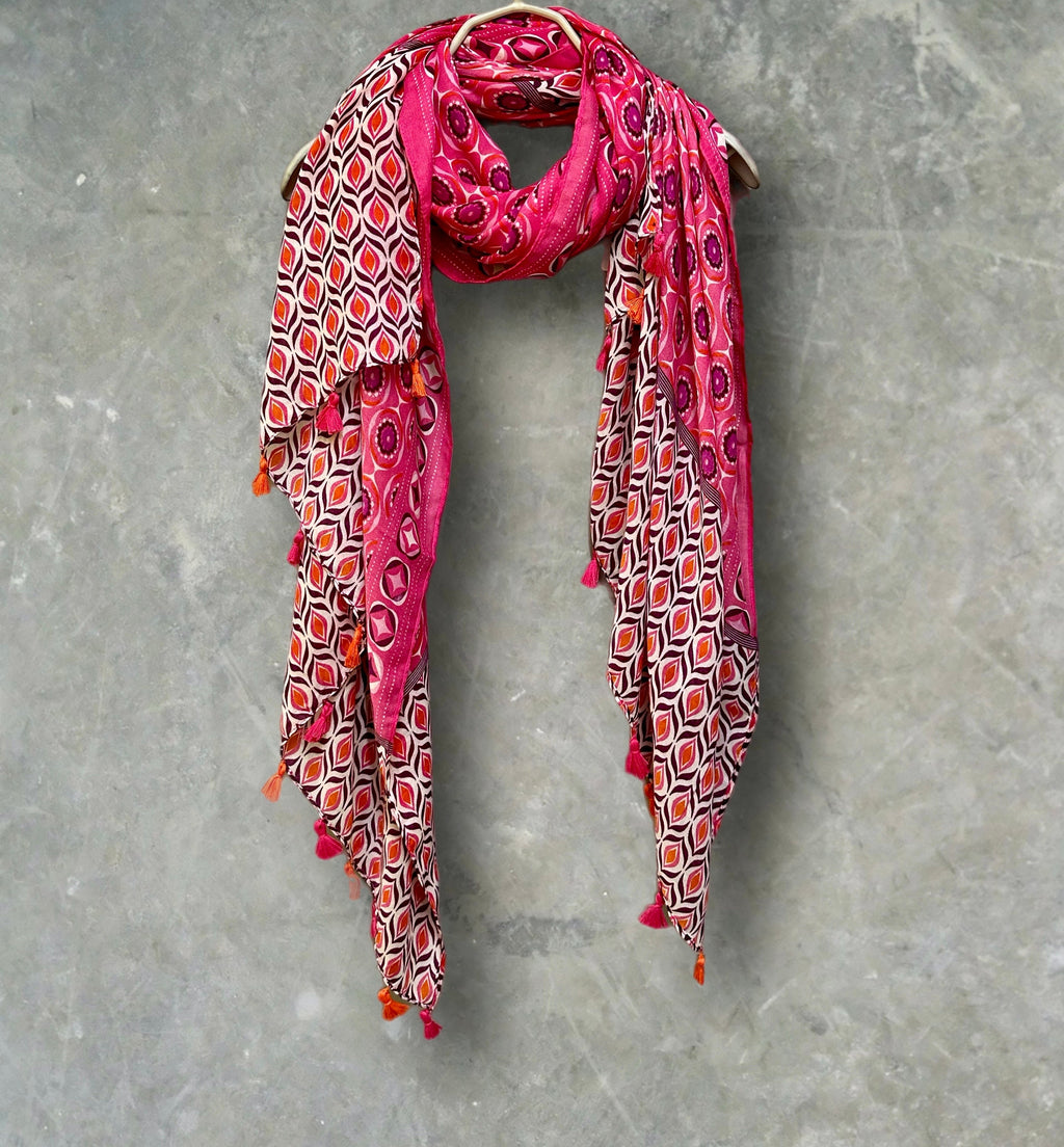 Pink Moroccan-Inspired Geometric Pattern Scarf with Tassels