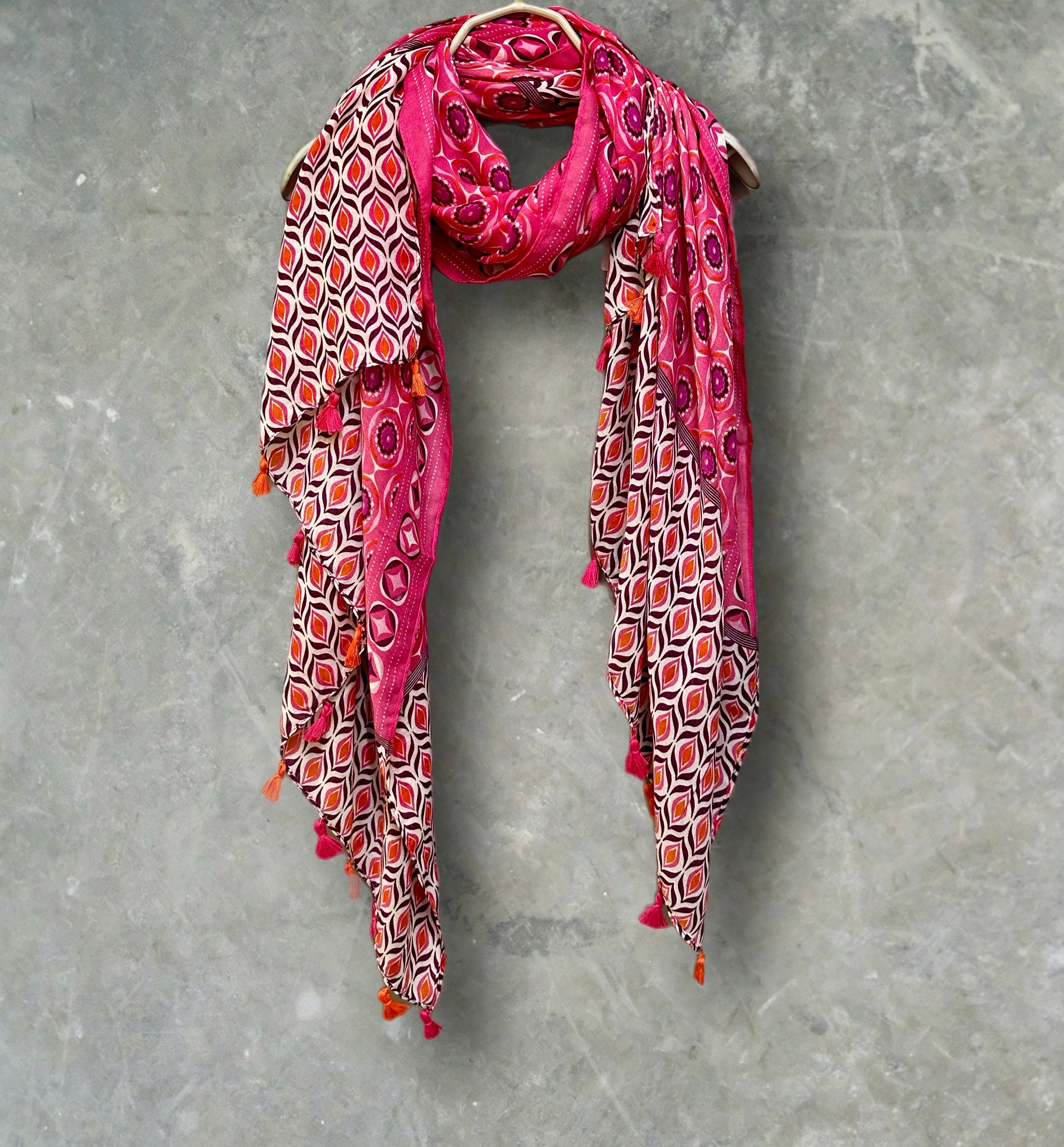 Pink Moroccan-Inspired Geometric Pattern Scarf with Tassels