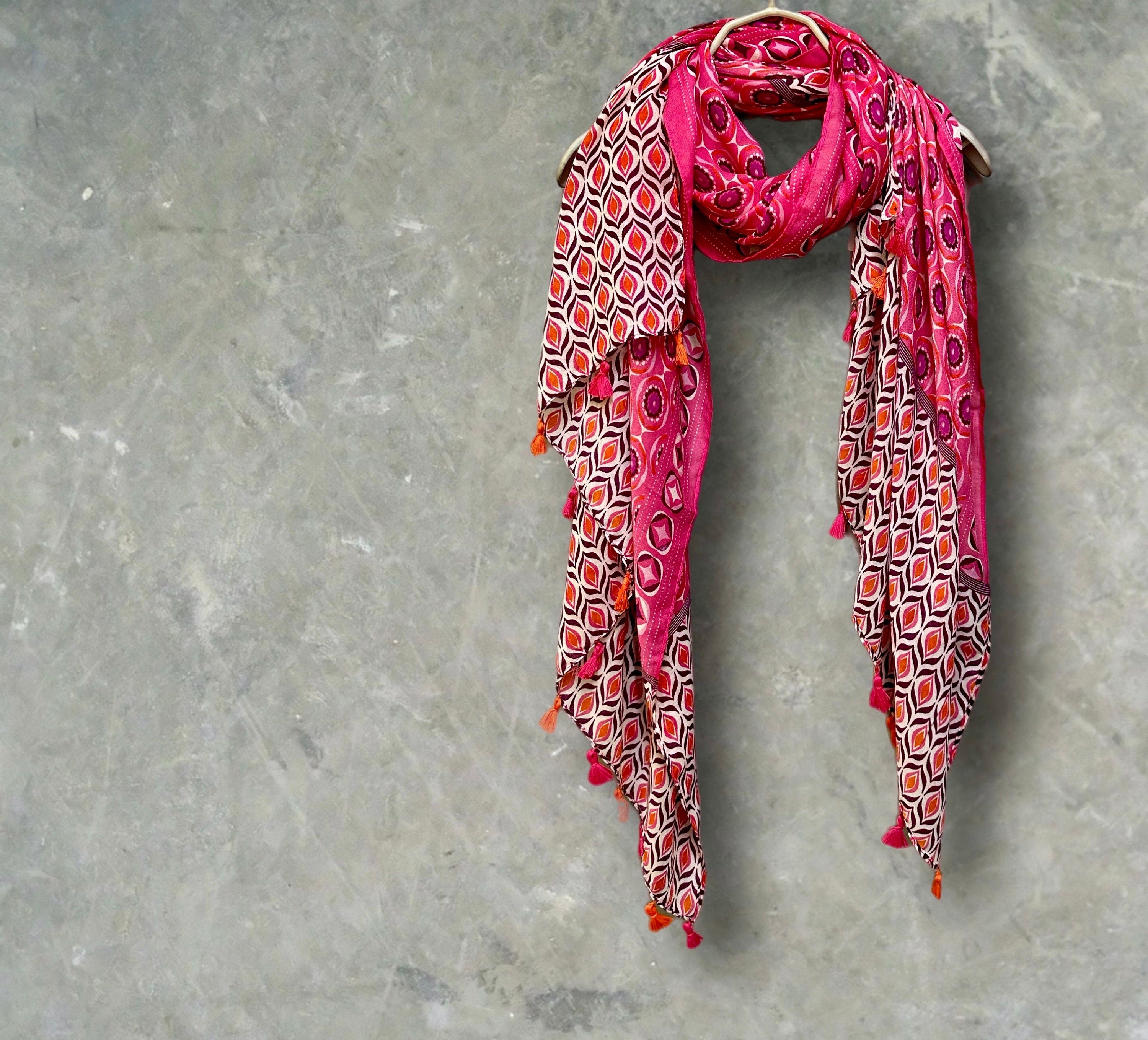 Pink Moroccan-Inspired Geometric Pattern Scarf with Tassels