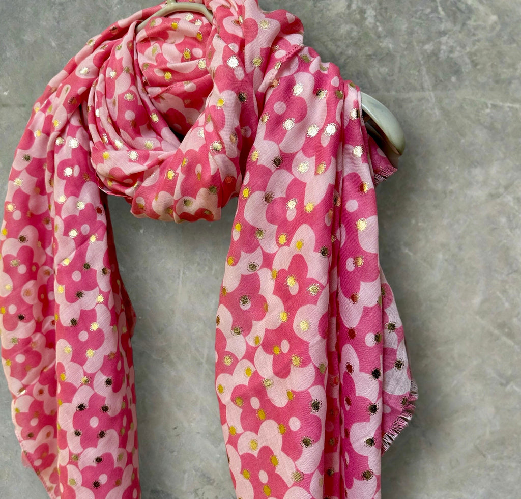 Chic Pink Retro Floral Cotton Scarf with Gold Accents