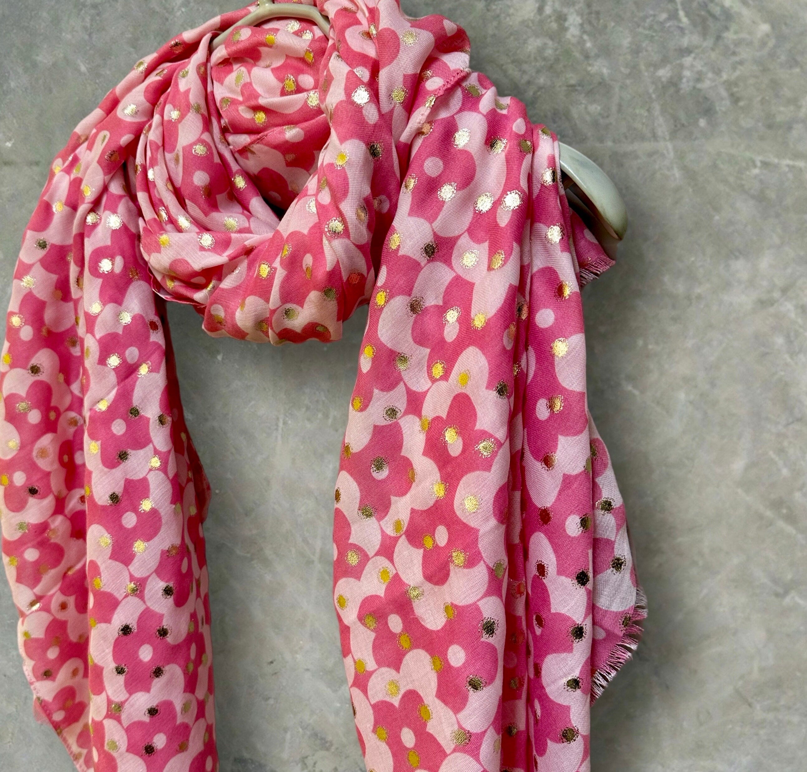 Chic Pink Retro Floral Cotton Scarf with Gold Accents