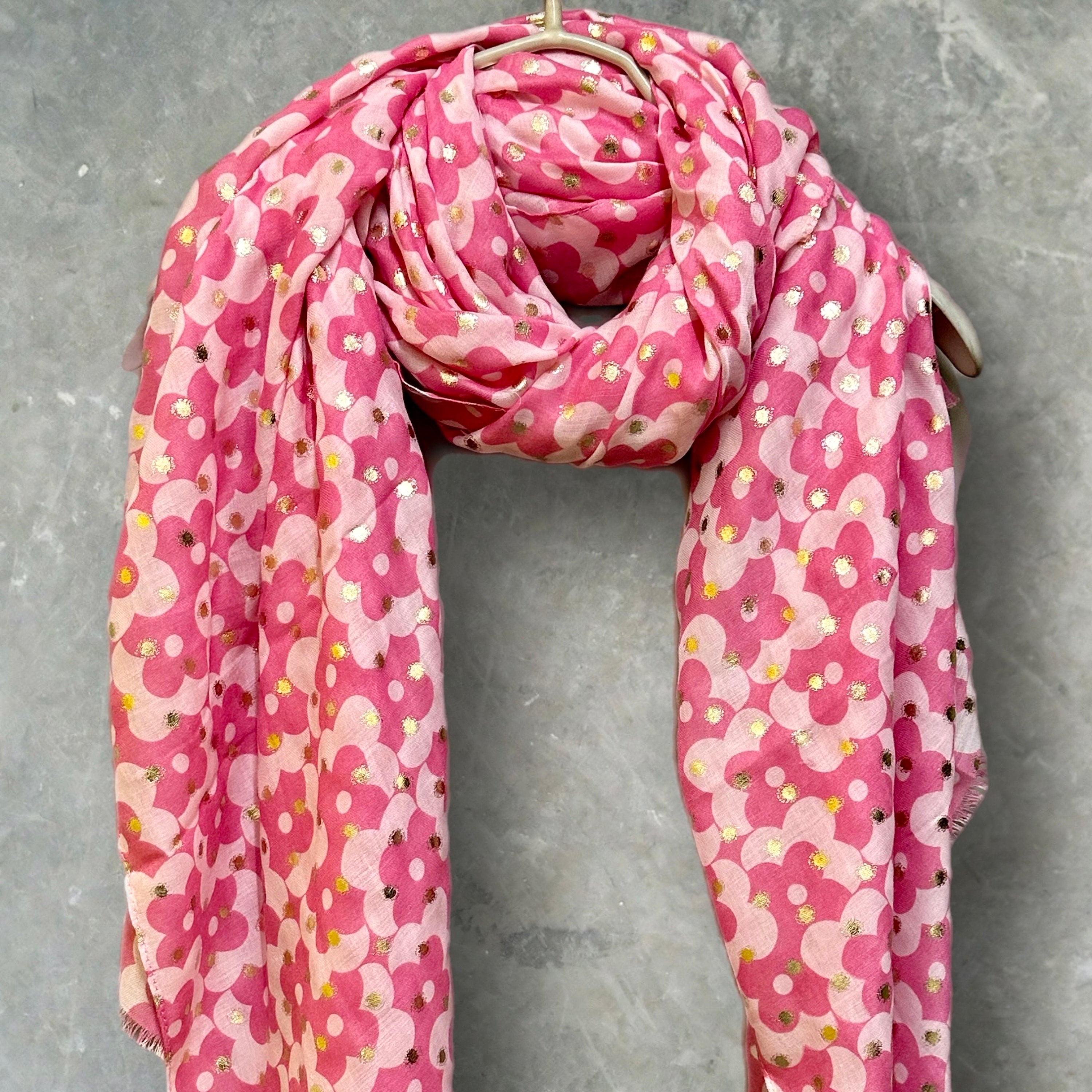 Chic Pink Retro Floral Cotton Scarf with Gold Accents