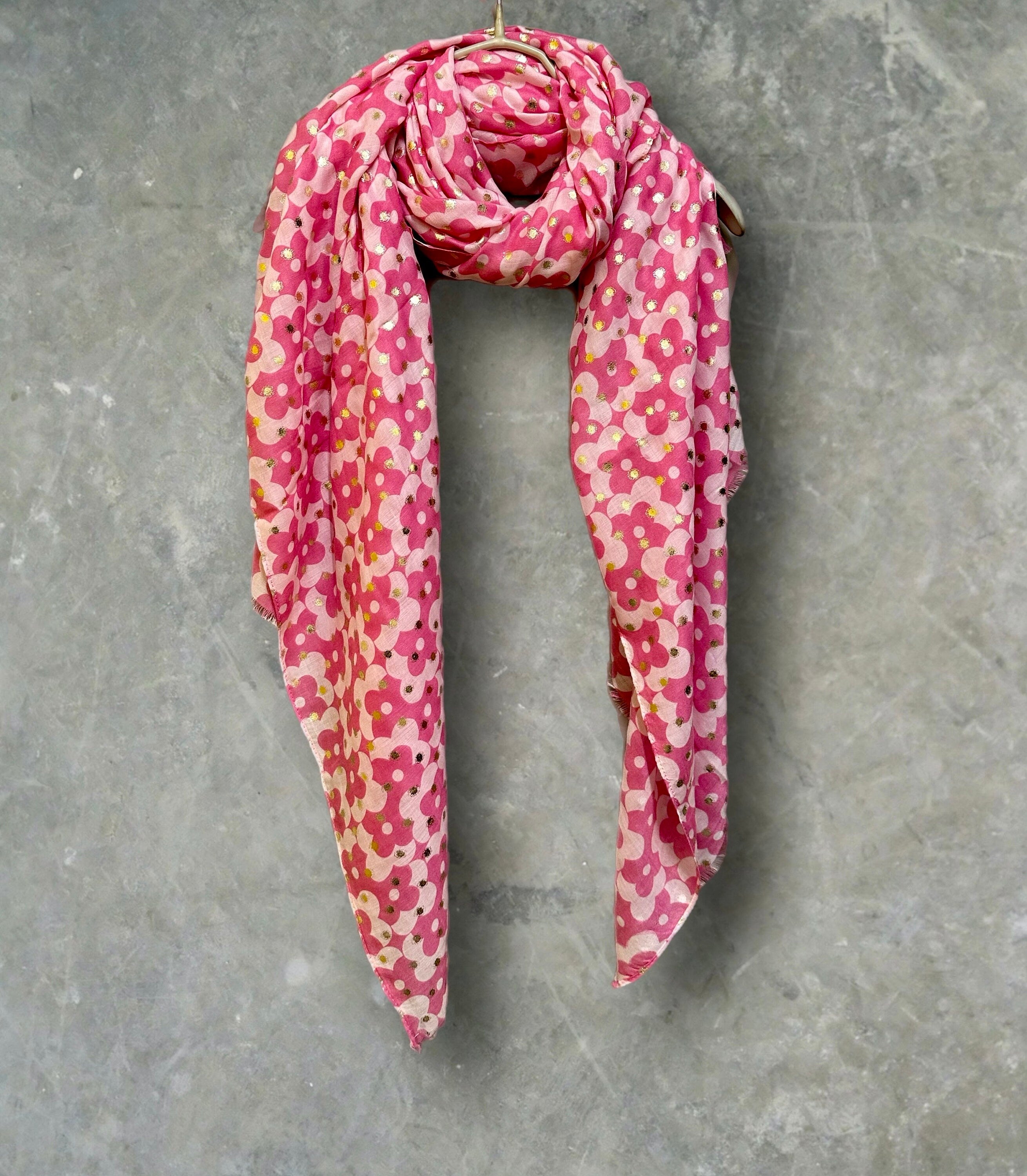 Chic Pink Retro Floral Cotton Scarf with Gold Accents