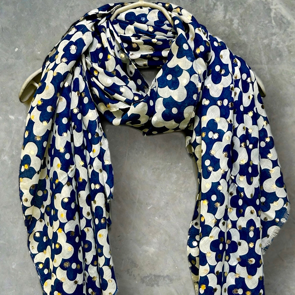 Chic Navy Blue Retro Floral Cotton Scarf with Gold Accents