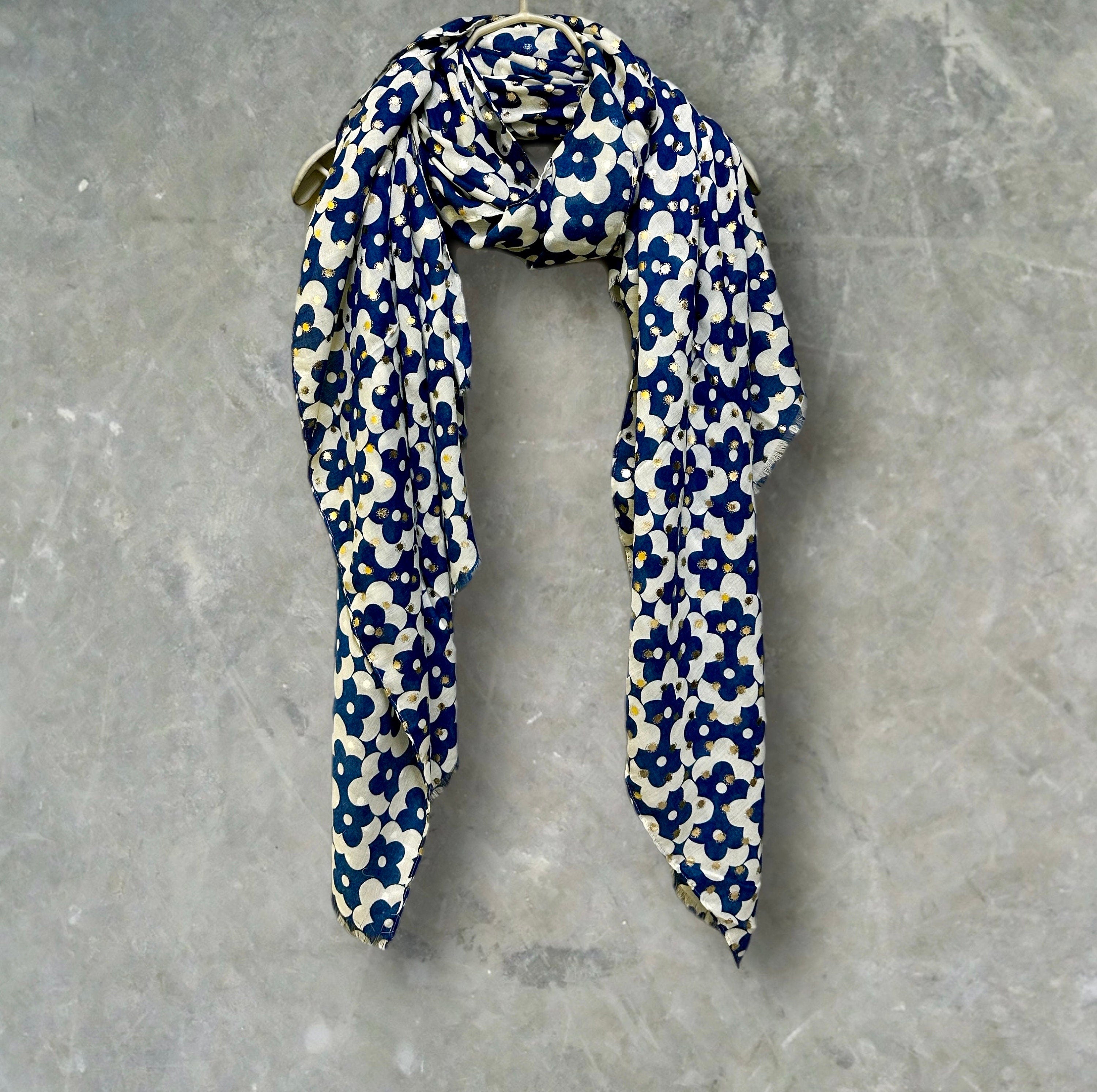 Chic Navy Blue Retro Floral Cotton Scarf with Gold Accents