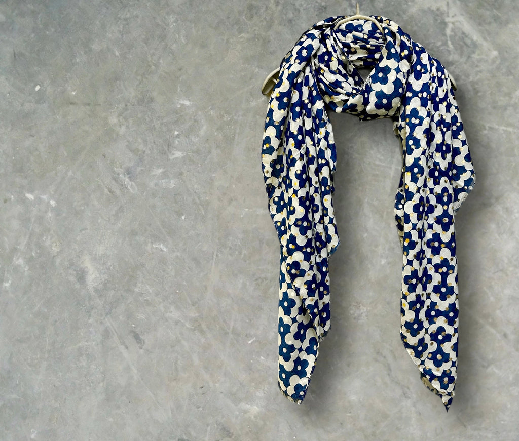 Chic Navy Blue Retro Floral Cotton Scarf with Gold Accents