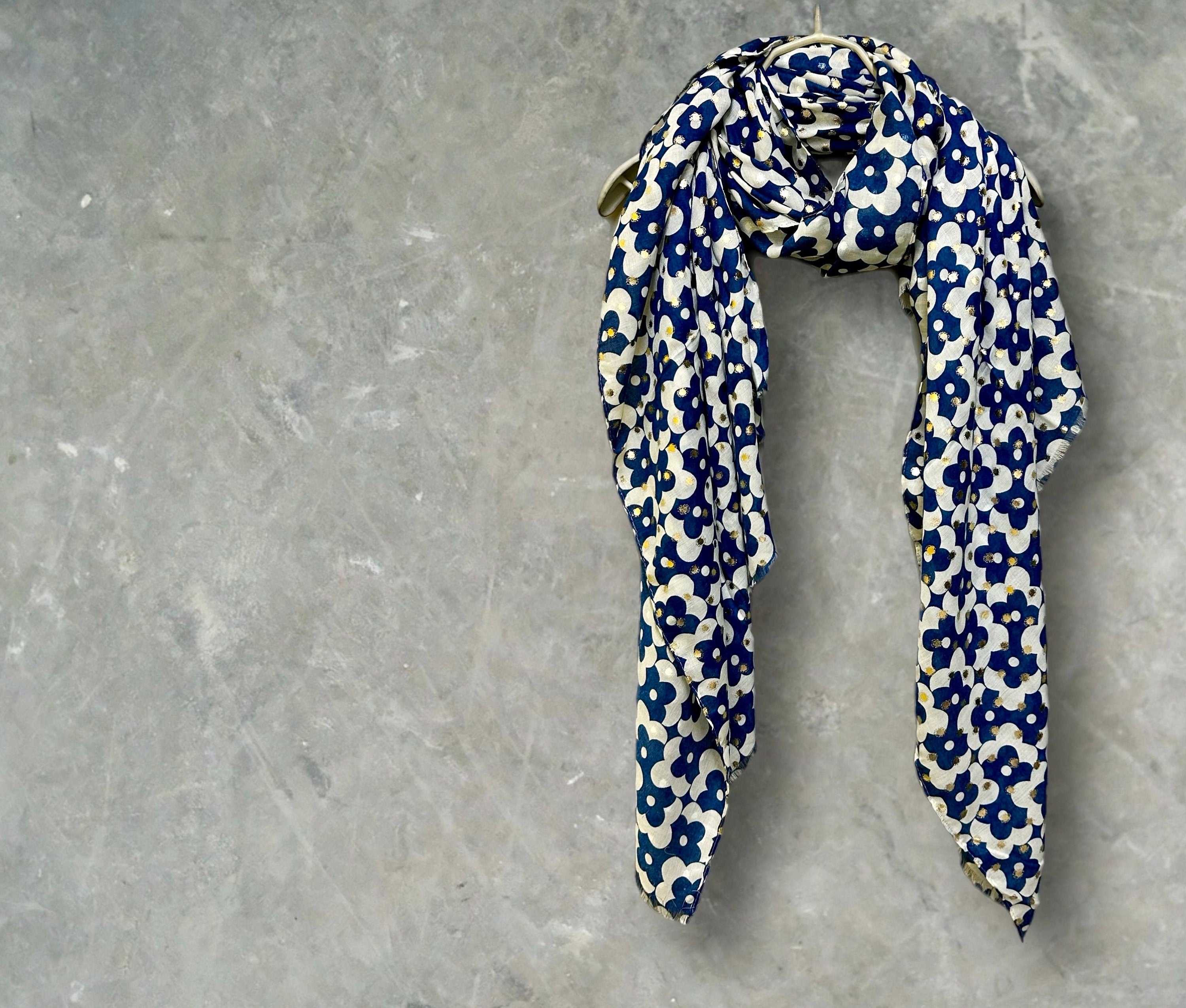 Chic Navy Blue Retro Floral Cotton Scarf with Gold Accents