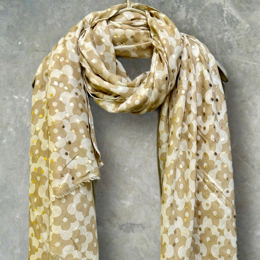 Chic Beige/White Retro Floral Cotton Scarf with Gold Accents,Perfect All-Season Gift for Her,Birthday,Christmas and Mother's Day
