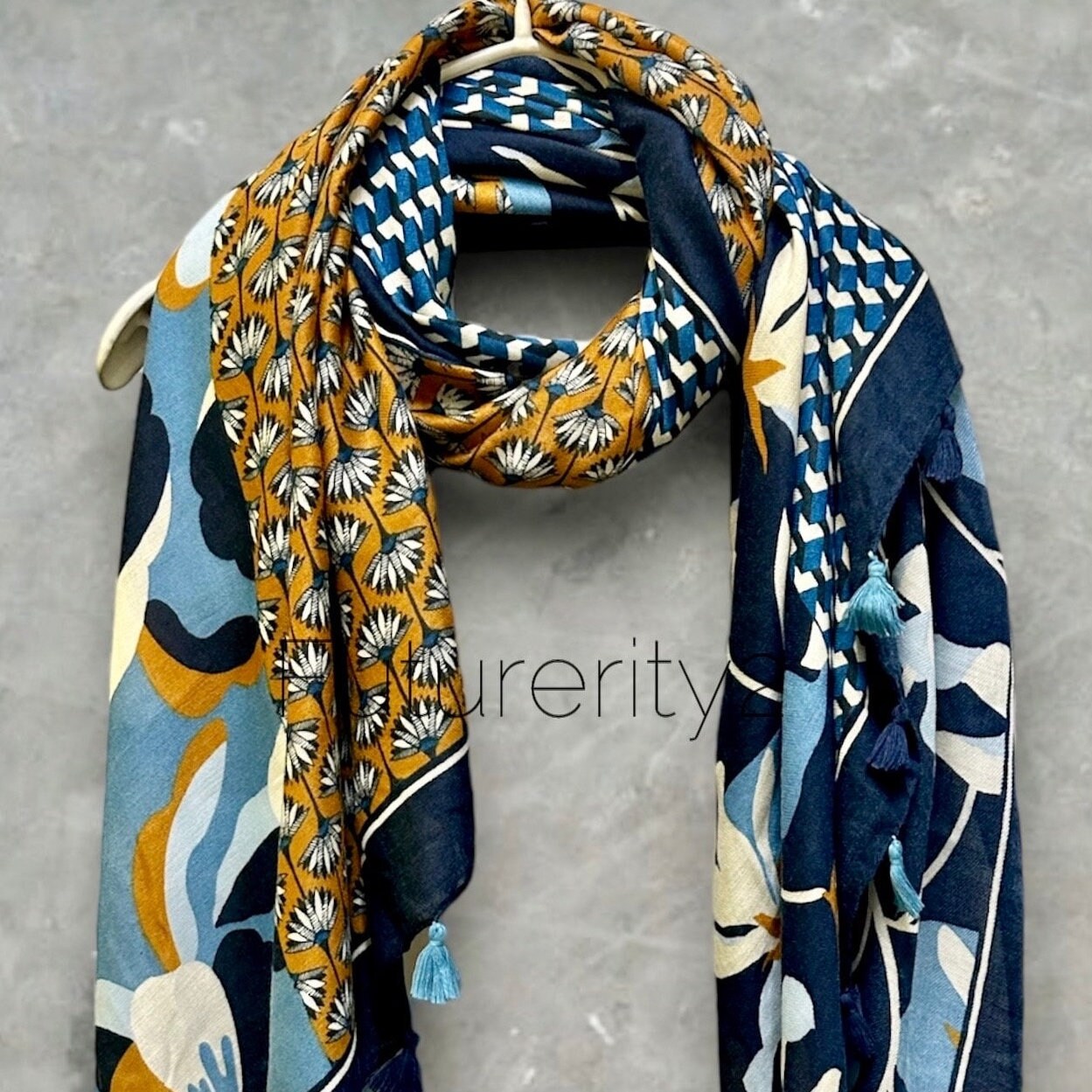 Versatile Blue Cotton Scarf with Seamless Flowers Pattern and Tassels