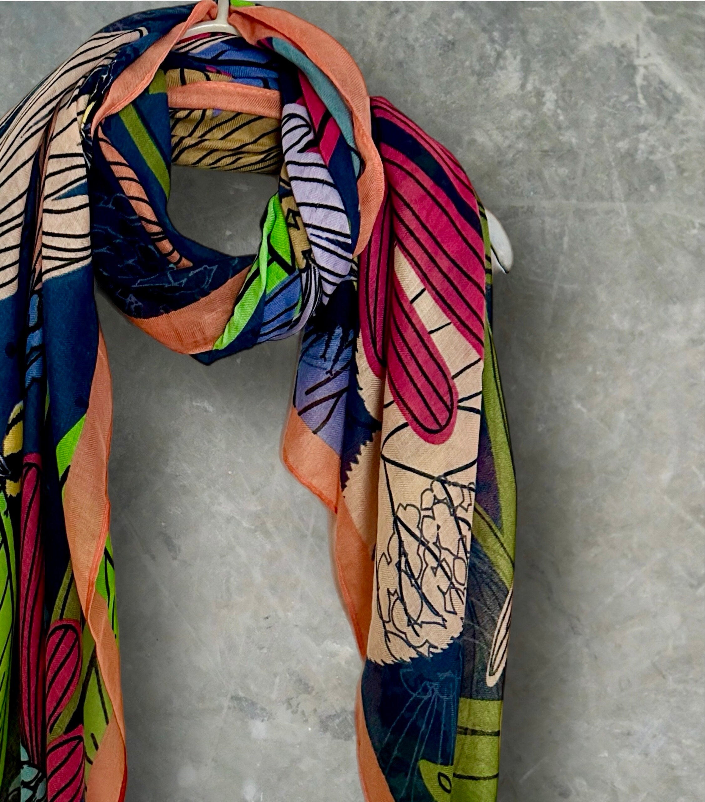 Tropical Floral Design Organic Cotton Blend Scarf with Orange Trim.