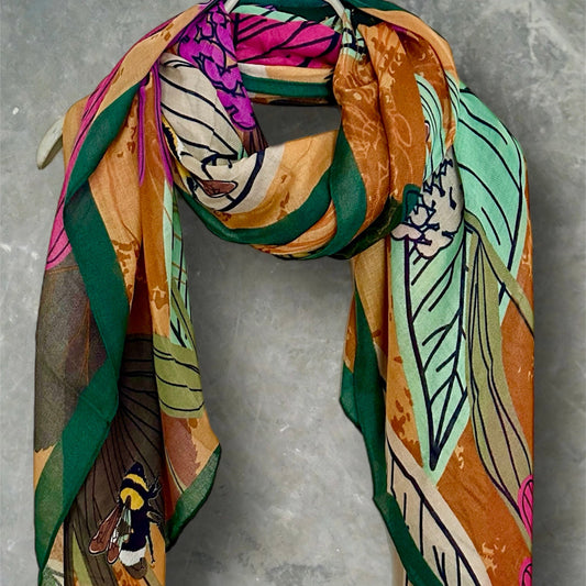 Tropical Floral Design Organic Cotton Scarf with Green Trim. Great for Any Season,Ideal Gifts for Her,Mom,Birthdays and Christmas