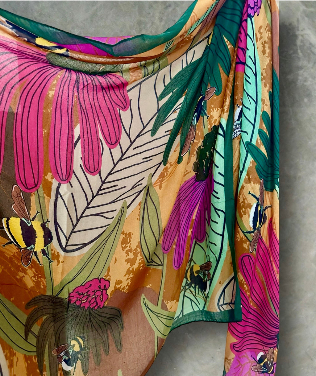 Tropical Floral Design Organic Cotton Blend Scarf with Green Trim.