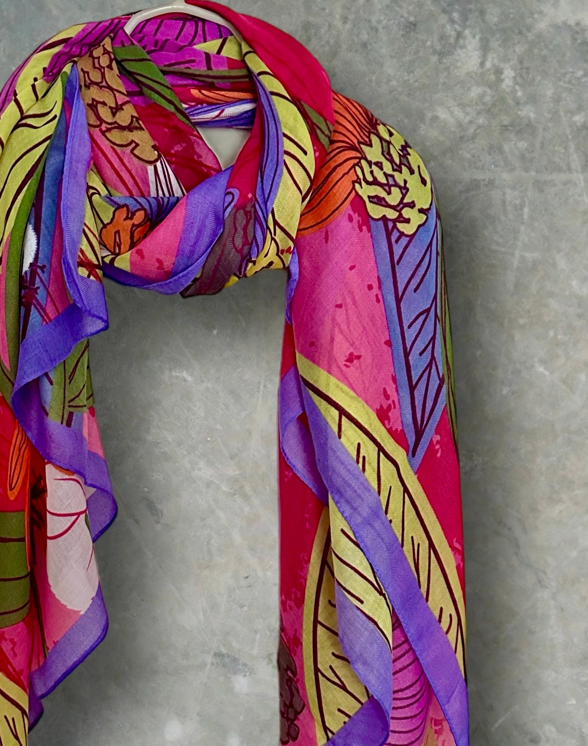 Tropical Floral Design Organic Cotton Blend Scarf with Purple Trim.
