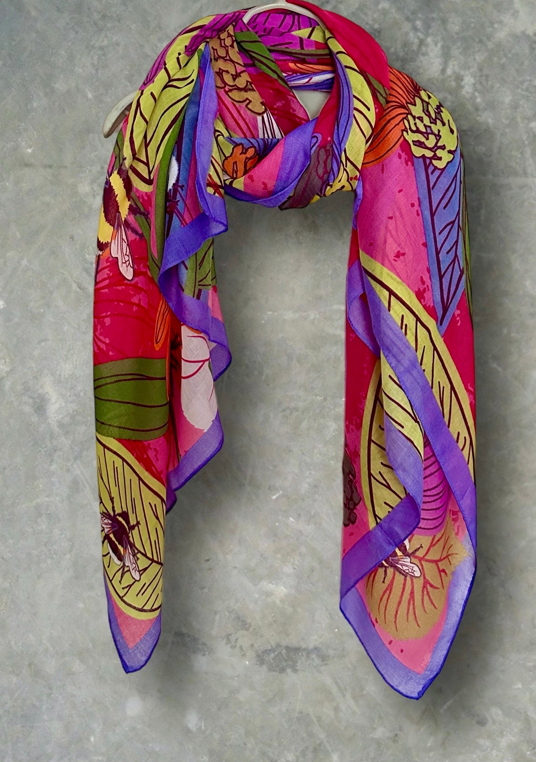 Tropical Floral Design Organic Cotton Blend Scarf with Purple Trim.