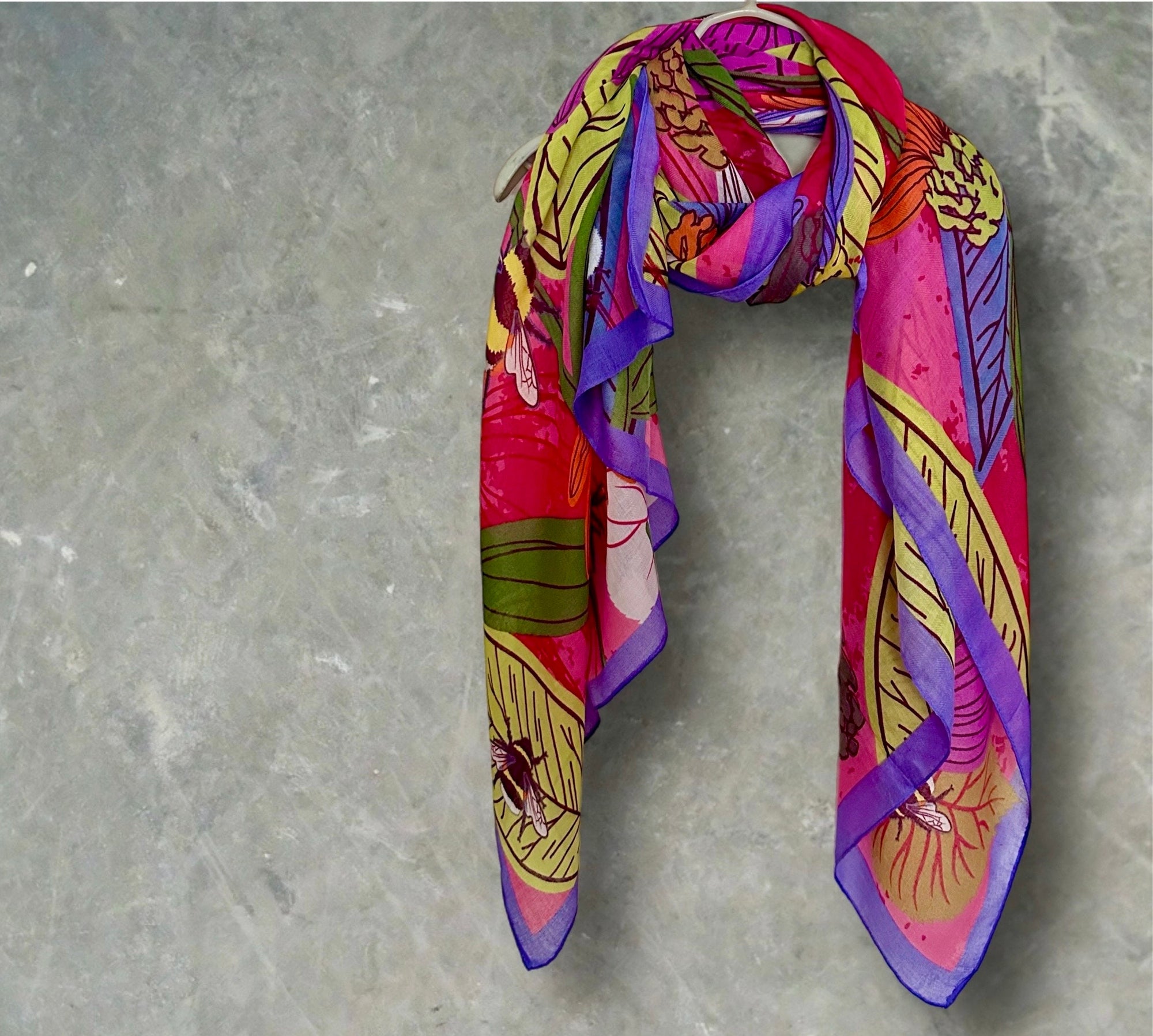 Tropical Floral Design Organic Cotton Blend Scarf with Purple Trim.