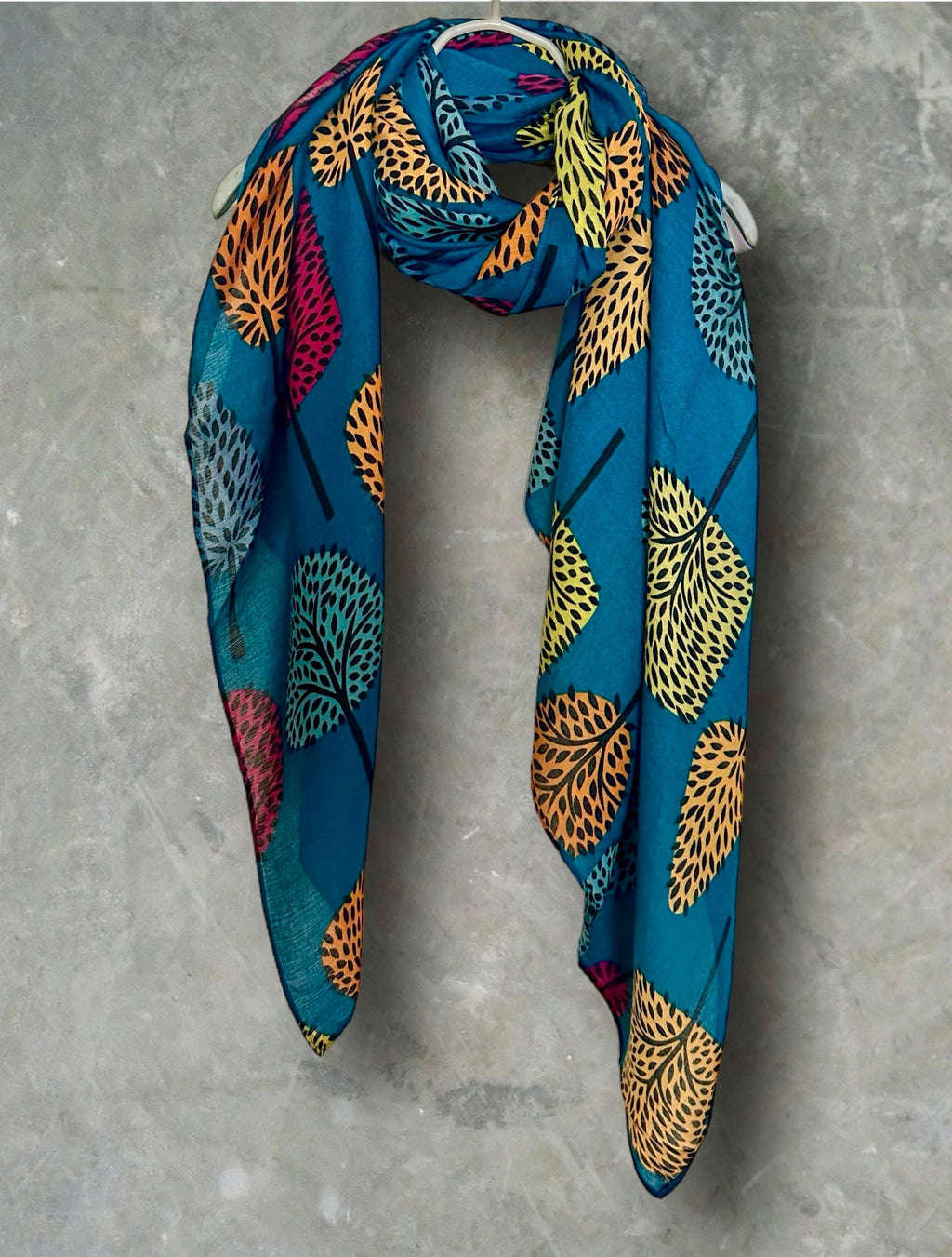Teal Blue Stylized Botanical Print Featuring Various Tree Organic Cotton Blend Scarf